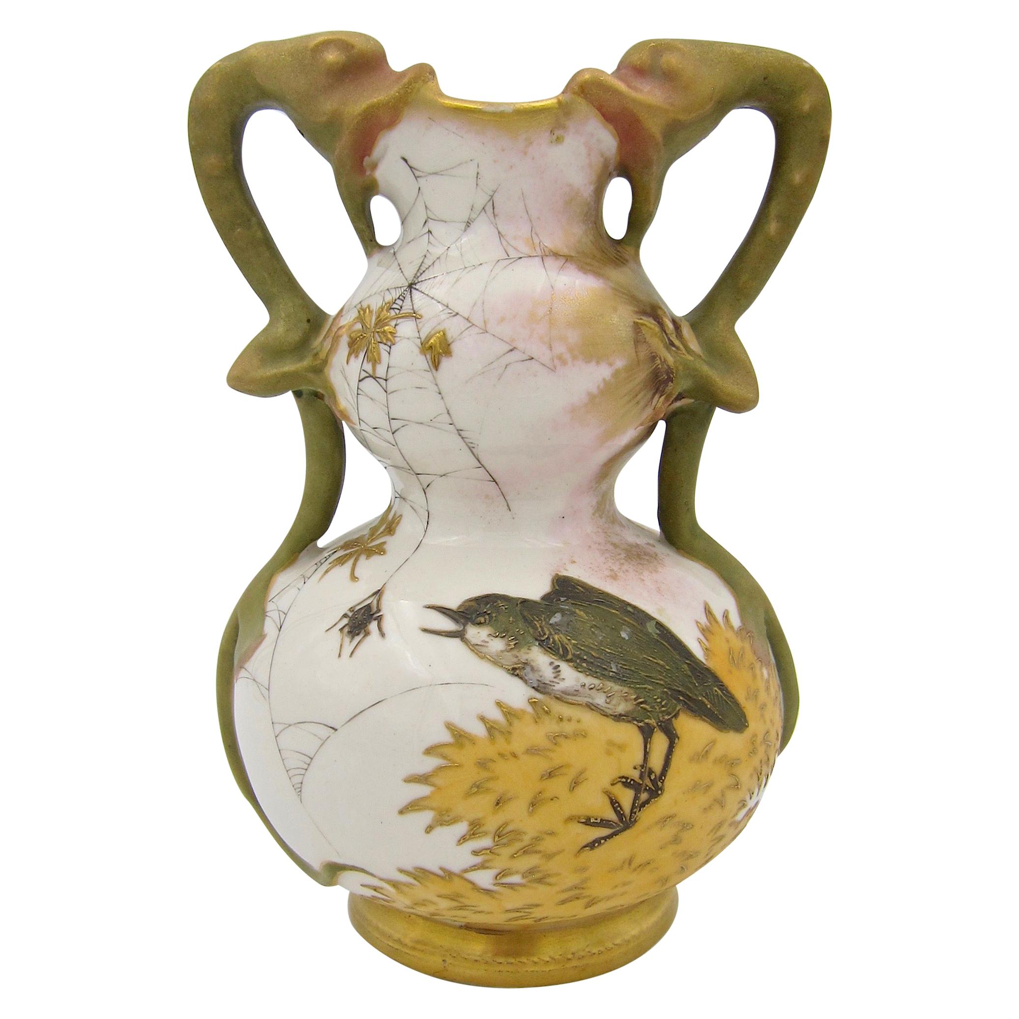Antique Austrian RStK Amphora Ivory Porcelain Vase with Dragon Handles