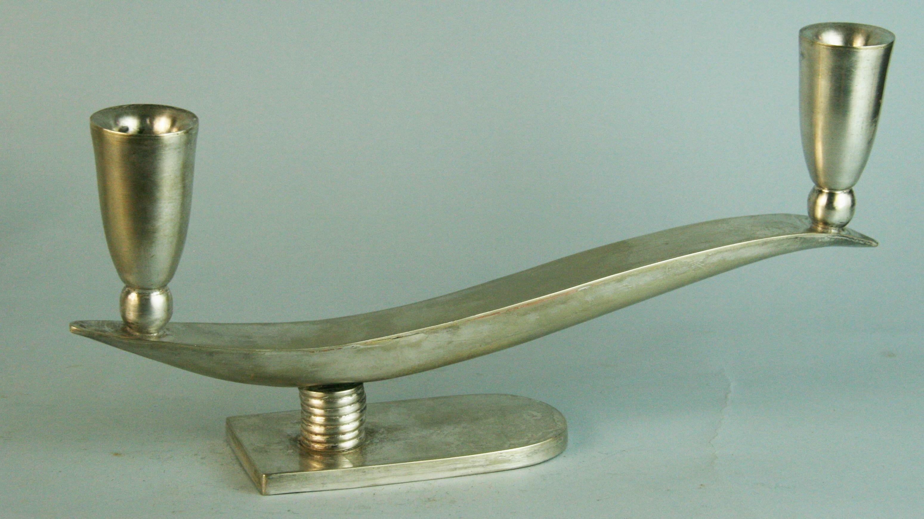 Antique Austrian Art Deco Pair Alpaca Candle Holders 1920's In Good Condition For Sale In Douglas Manor, NY