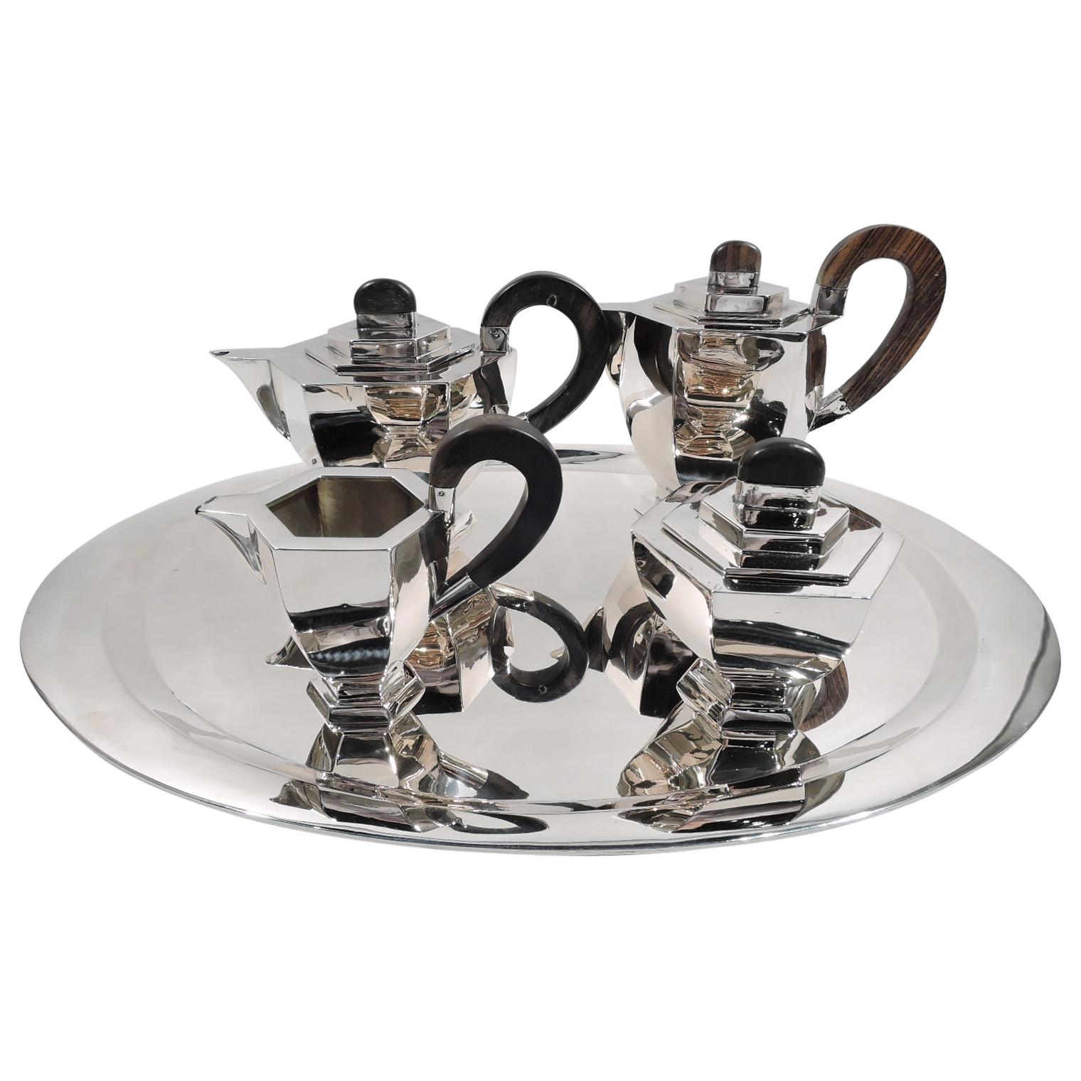 Antique Austrian Art Deco Silver 4-Piece Coffee and Tea Set on Tray