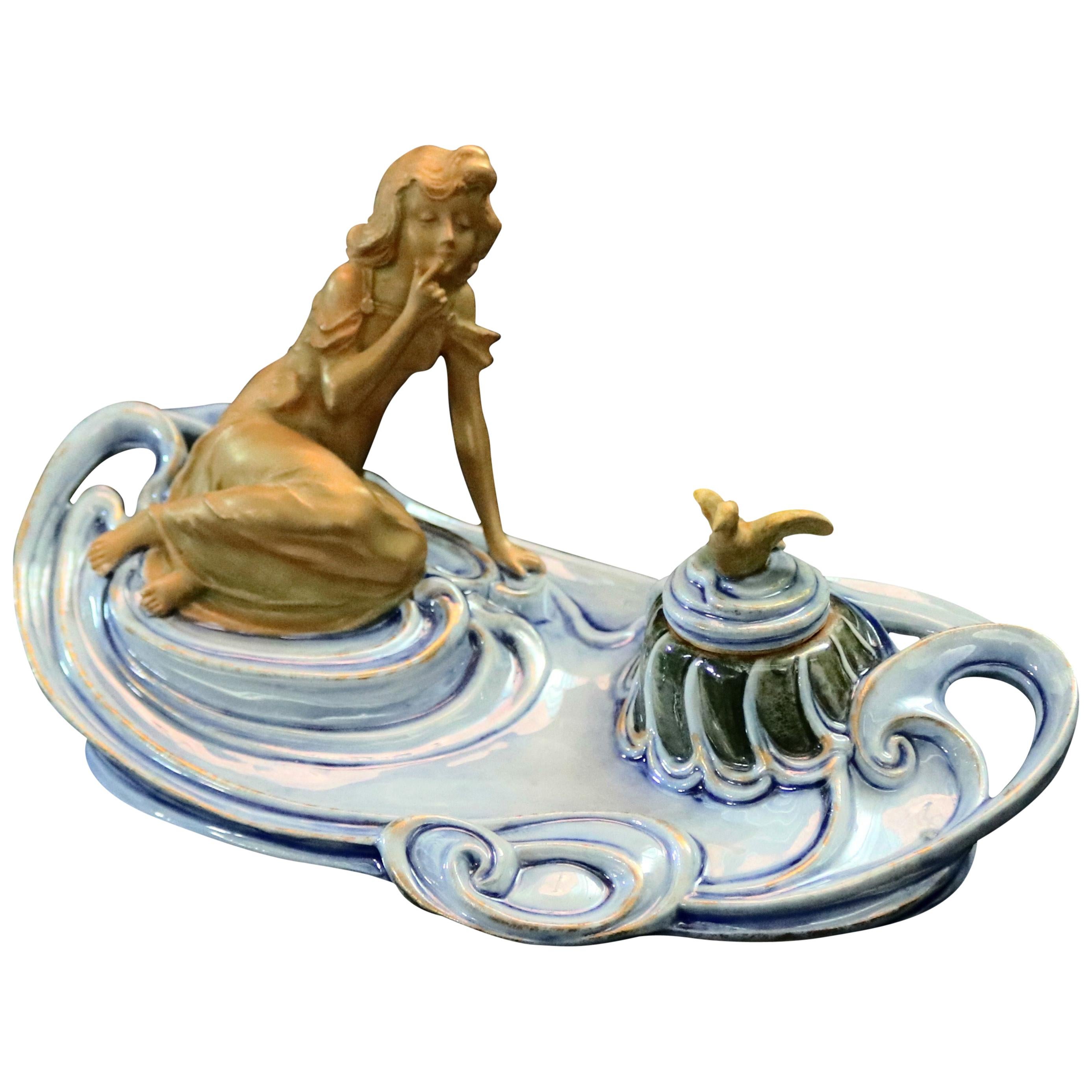 Antique Austrian Art Nouveau Figural Amphora Pottery Woman and Bird Inkwell
