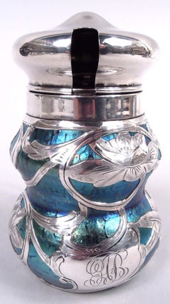 Antique Austrian Art Nouveau Iridescent Silver Overlay Mustard Pot