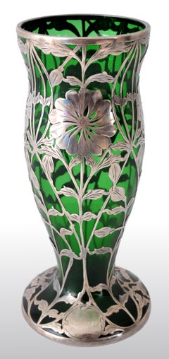 Antique Austrian Art Nouveau Loetz Silver Overlay Glass Vase, circa 1900