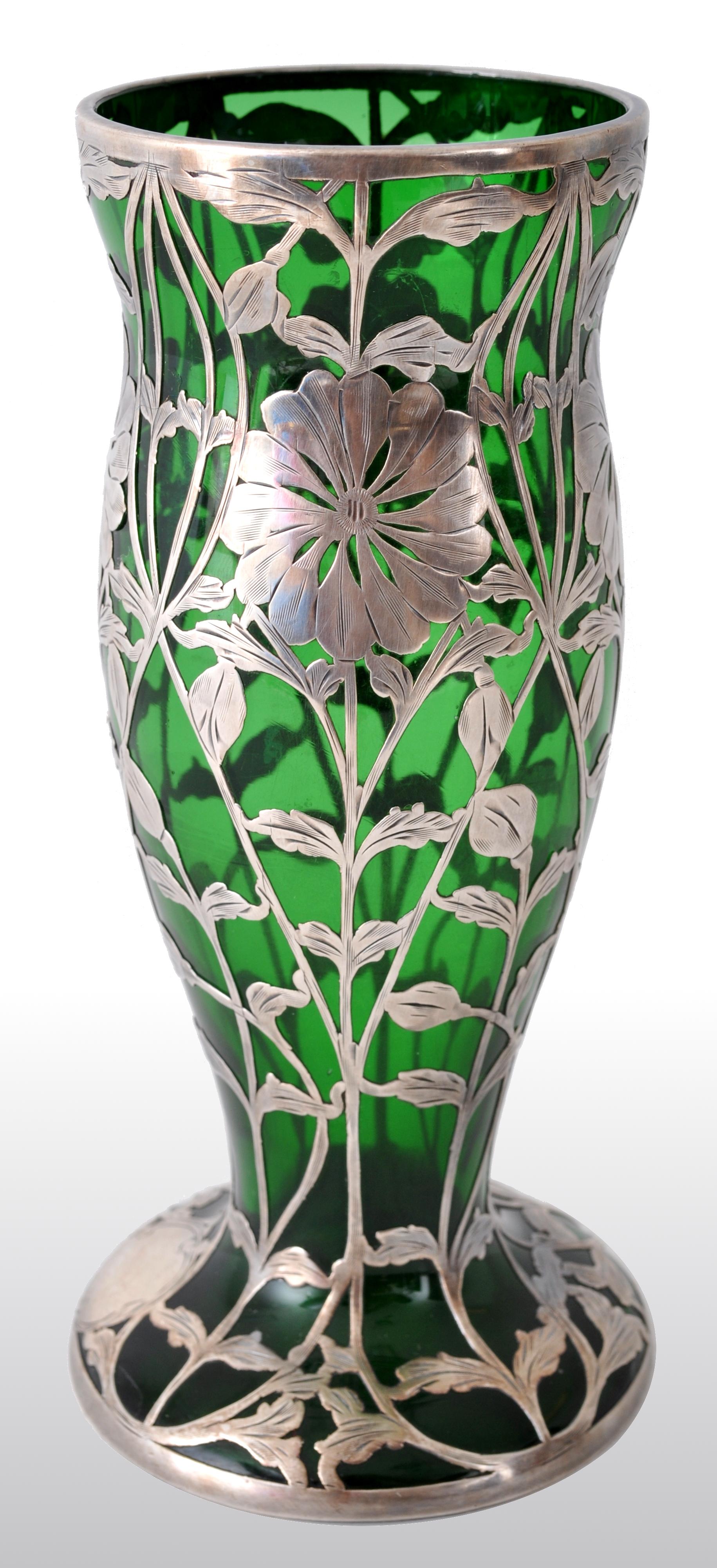 Antique Austrian Art Nouveau Loetz Silver Overlay Glass Vase, circa 1900 In Good Condition In Portland, OR