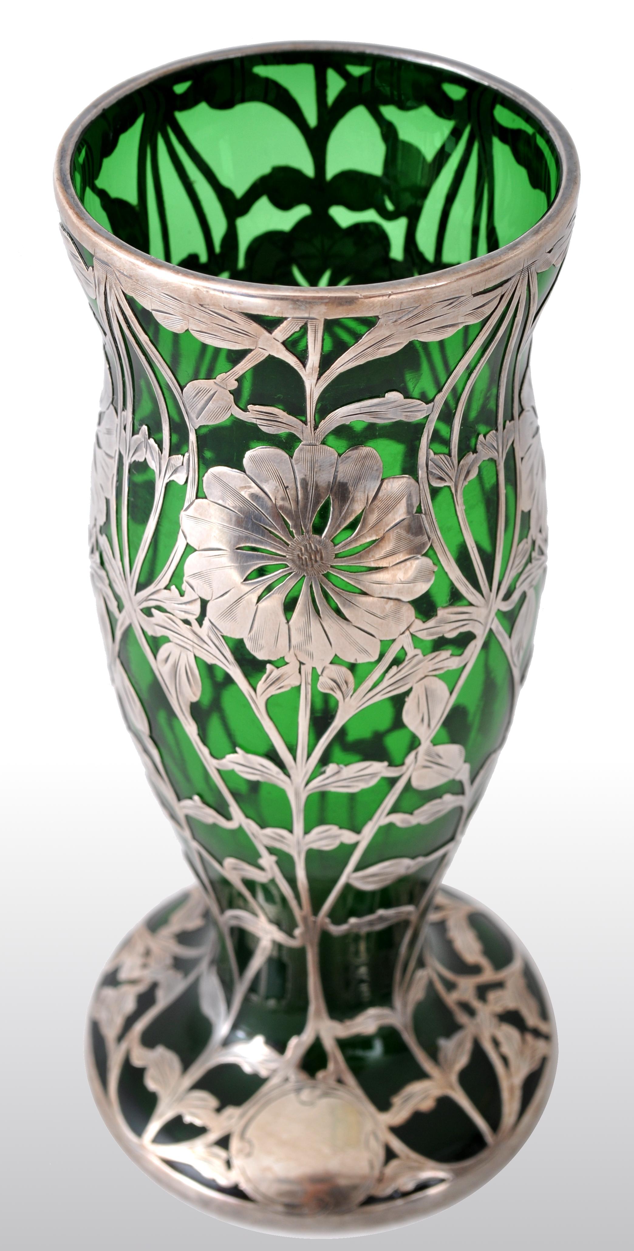 Early 20th Century Antique Austrian Art Nouveau Loetz Silver Overlay Glass Vase, circa 1900