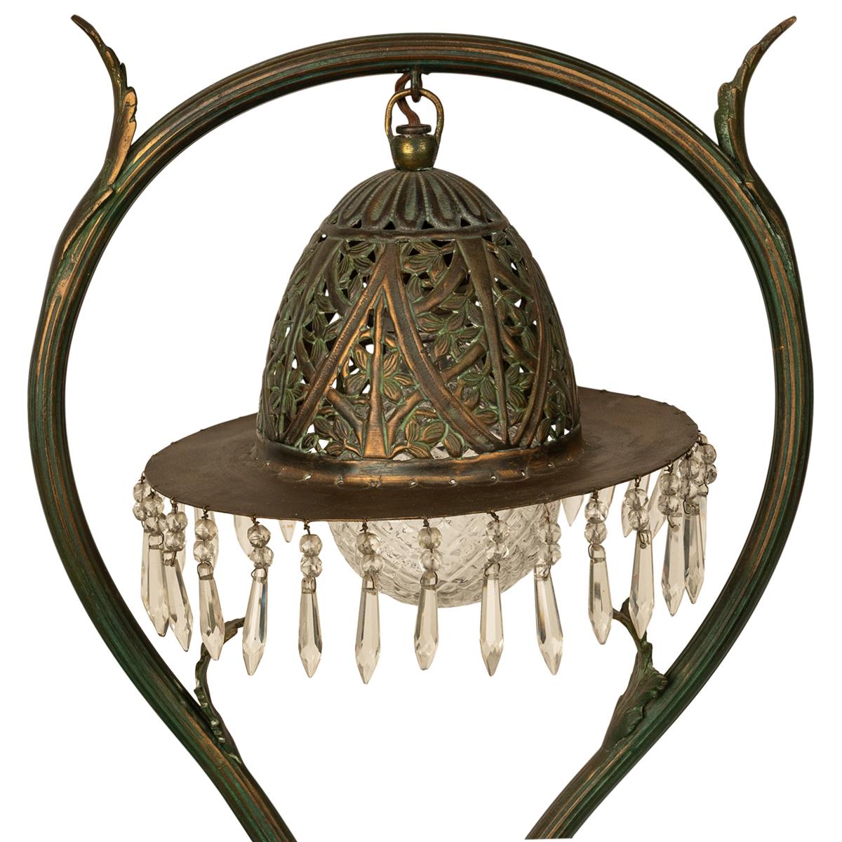 Antique Austrian Art Nouveau Organic Style Bronze & Glass Prisms Table Lamp 1900 4
