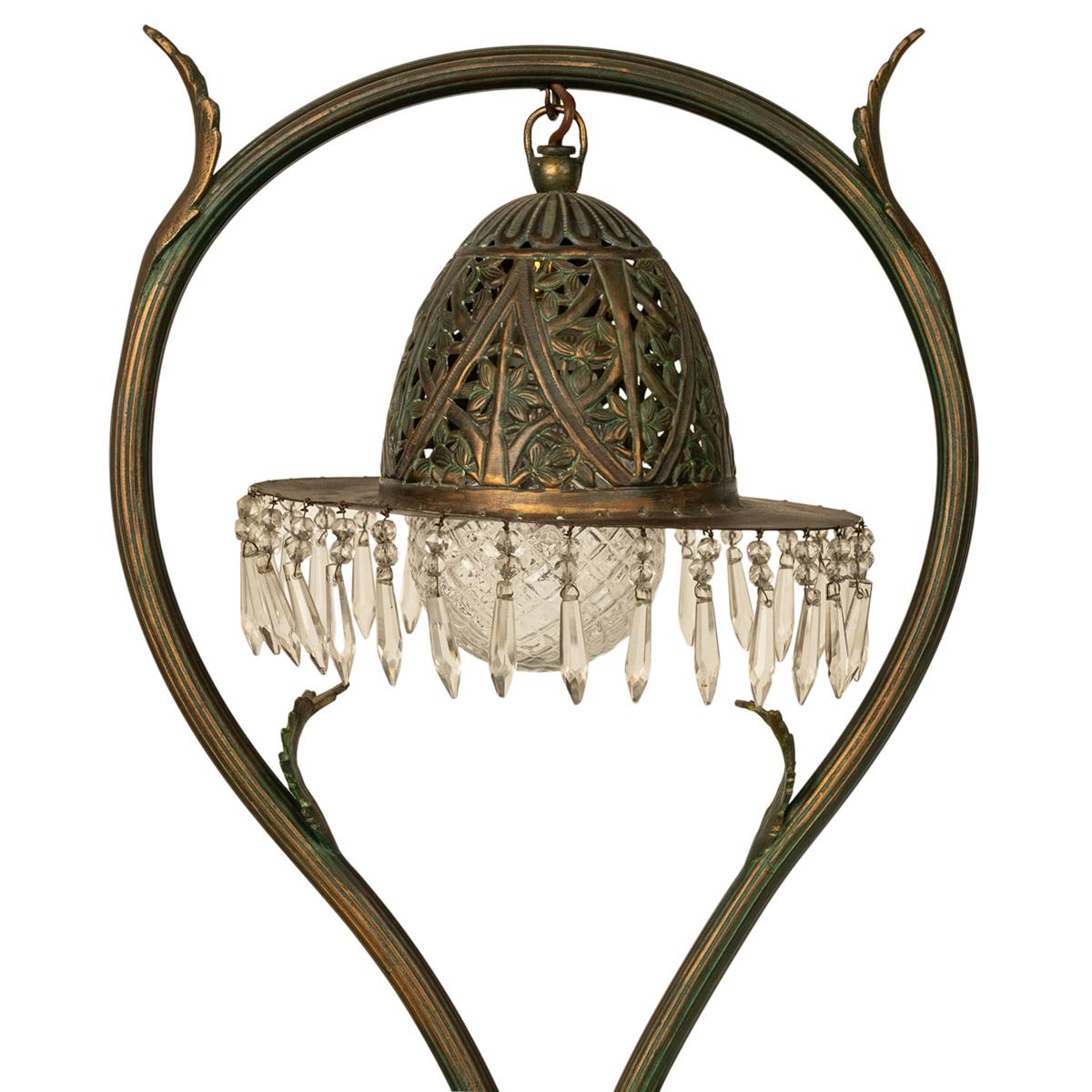 Antique Austrian Art Nouveau Organic Style Bronze & Glass Prisms Table Lamp 1900 5