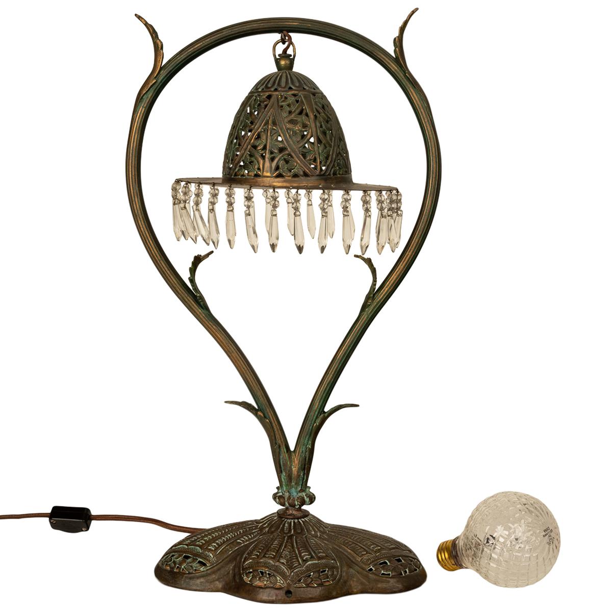 Antique Austrian Art Nouveau Organic Style Bronze & Glass Prisms Table Lamp 1900 10