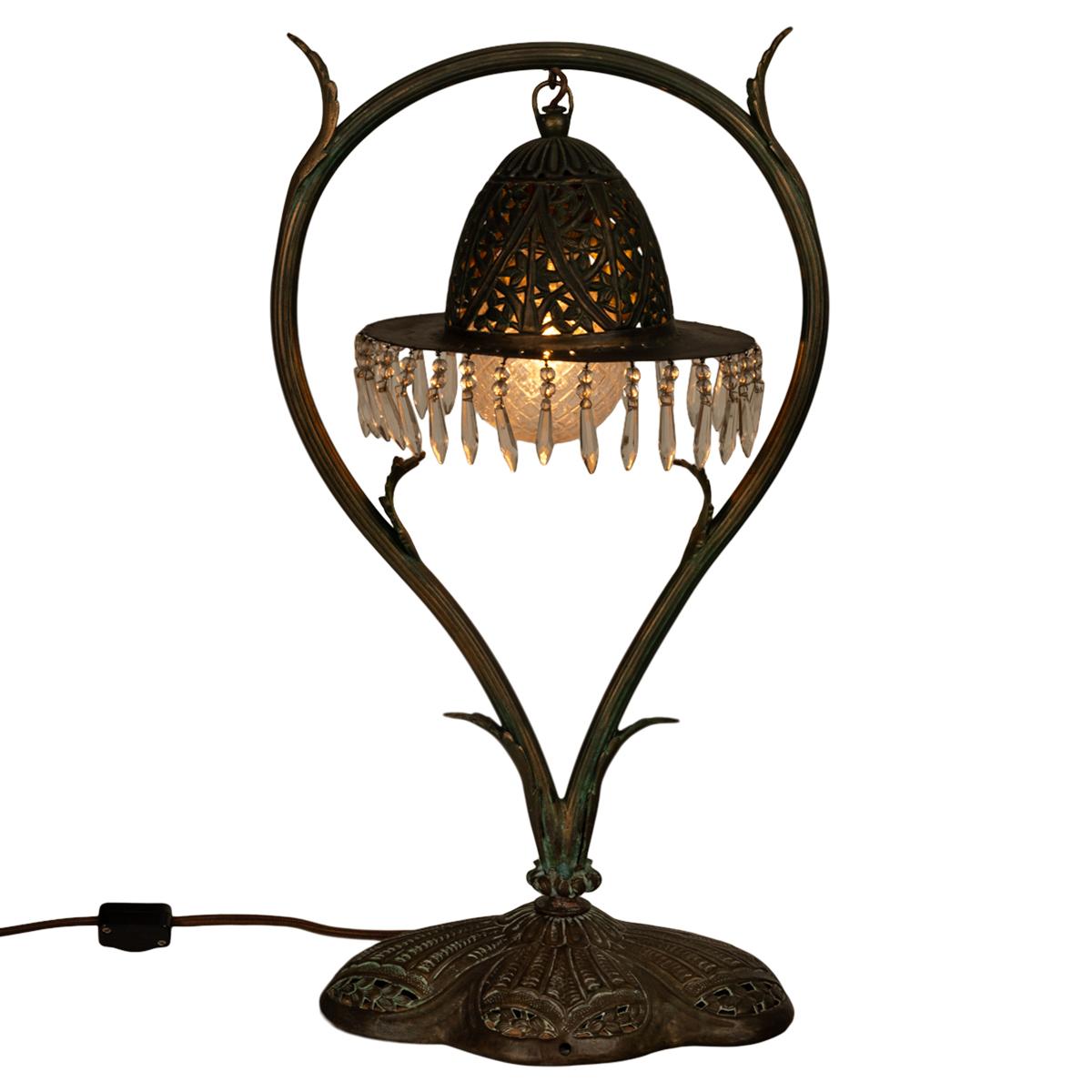 Antique Austrian Art Nouveau Organic Style Bronze & Glass Prisms Table Lamp 1900 12