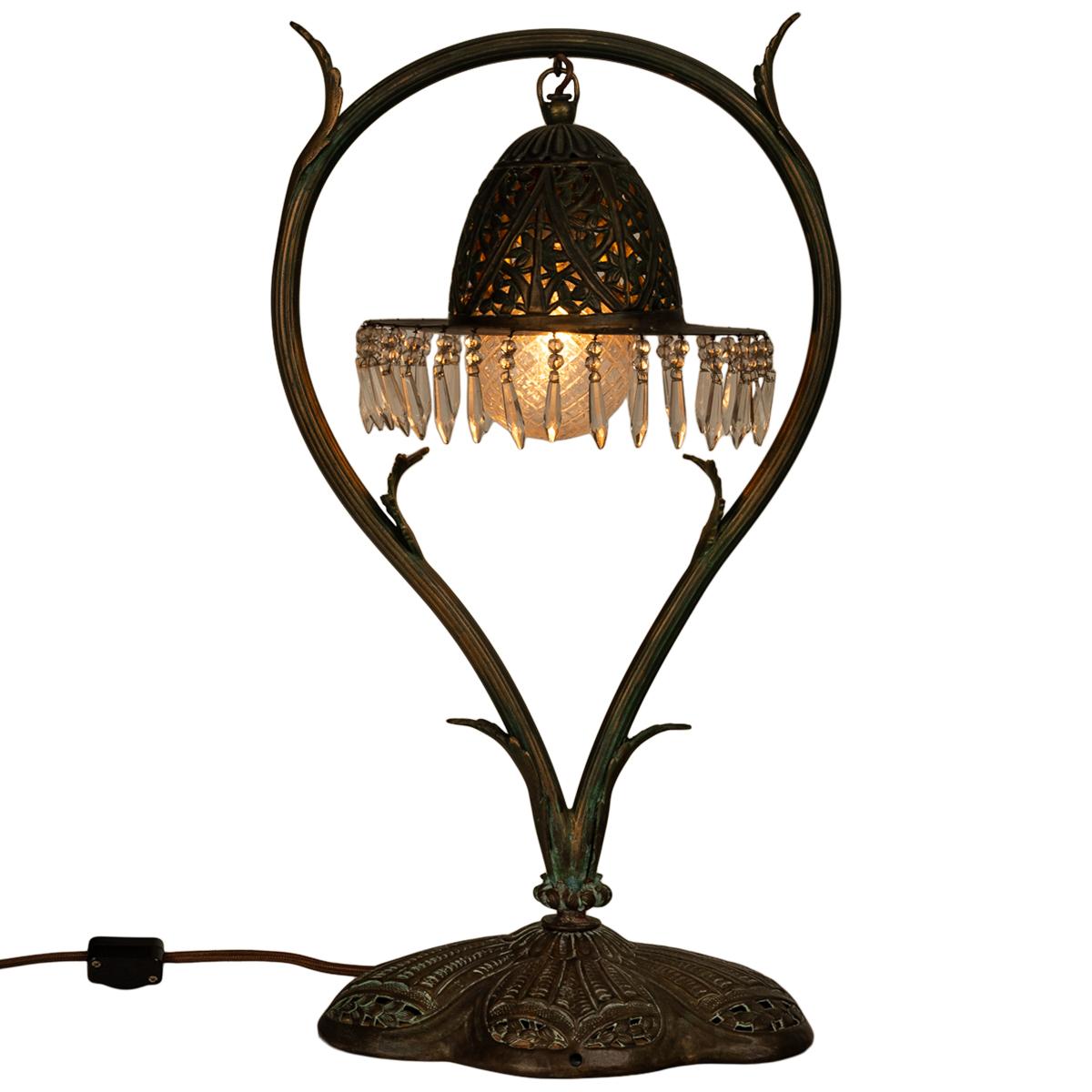Antique Austrian Art Nouveau Organic Style Bronze & Glass Prisms Table Lamp 1900 13