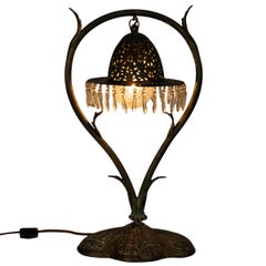 Antique Austrian Art Nouveau Organic Style Bronze & Glass Prisms Table Lamp 1900