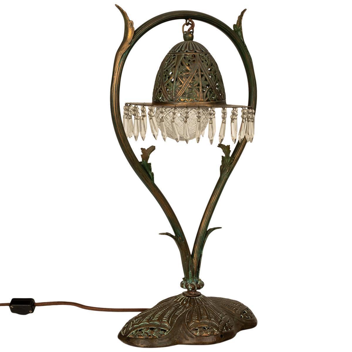 Engraved Antique Austrian Art Nouveau Organic Style Bronze & Glass Prisms Table Lamp 1900