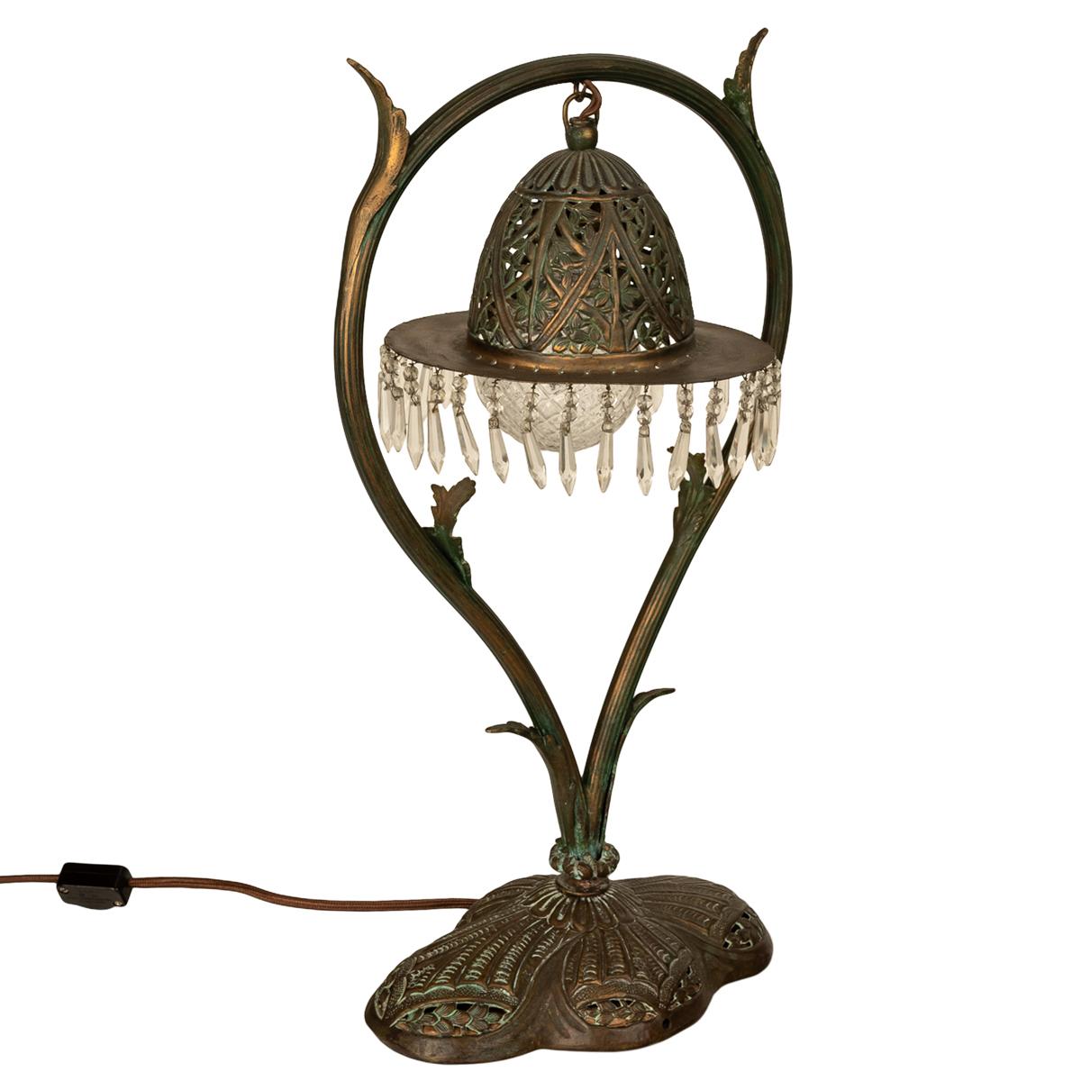 Antique Austrian Art Nouveau Organic Style Bronze & Glass Prisms Table Lamp 1900 In Good Condition In Portland, OR