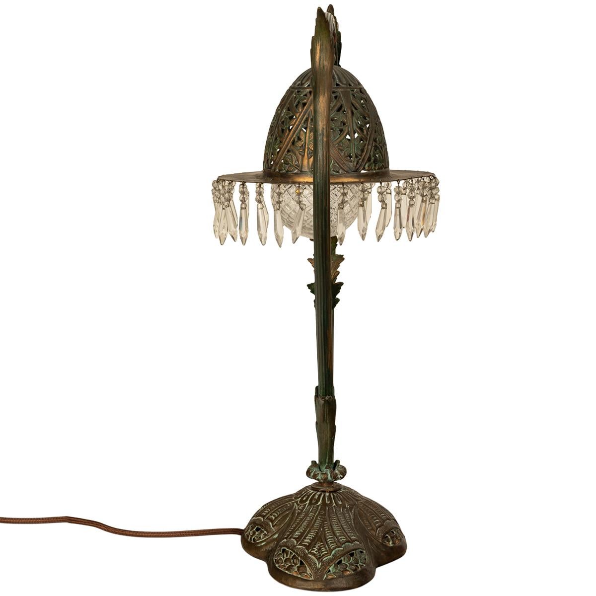 Early 20th Century Antique Austrian Art Nouveau Organic Style Bronze & Glass Prisms Table Lamp 1900