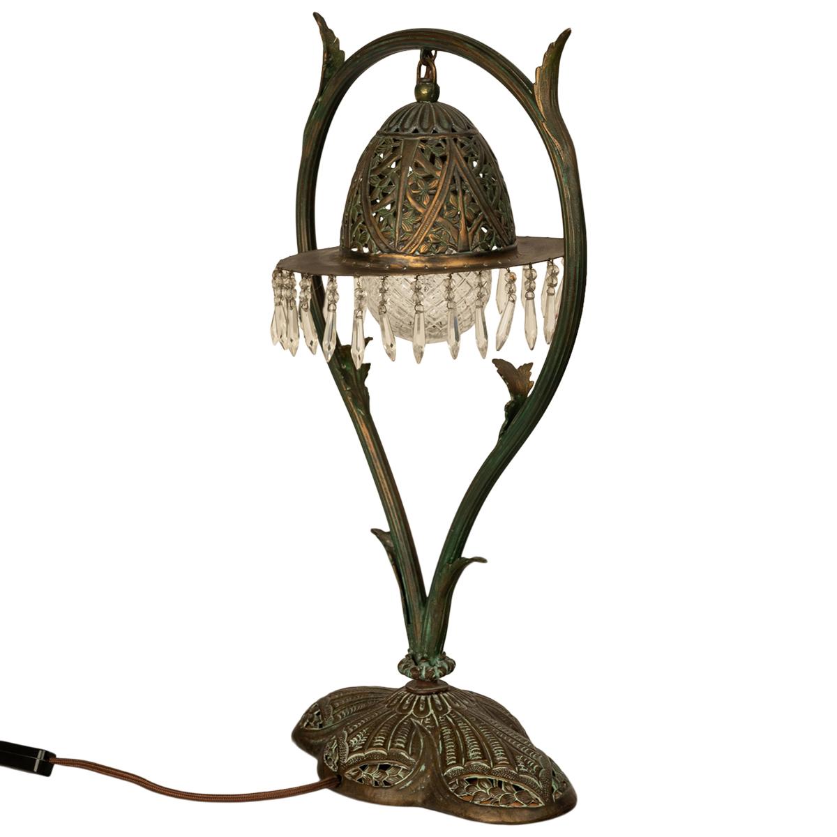 Cut Glass Antique Austrian Art Nouveau Organic Style Bronze & Glass Prisms Table Lamp 1900