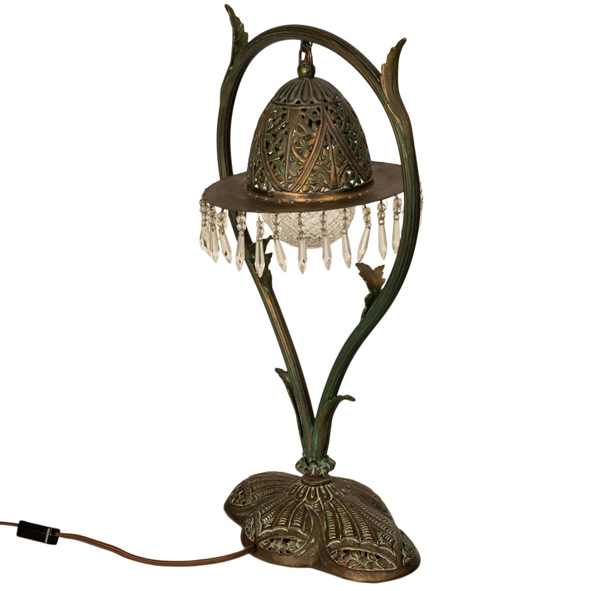 Antique Austrian Art Nouveau Organic Style Bronze & Glass Prisms Table Lamp 1900 1