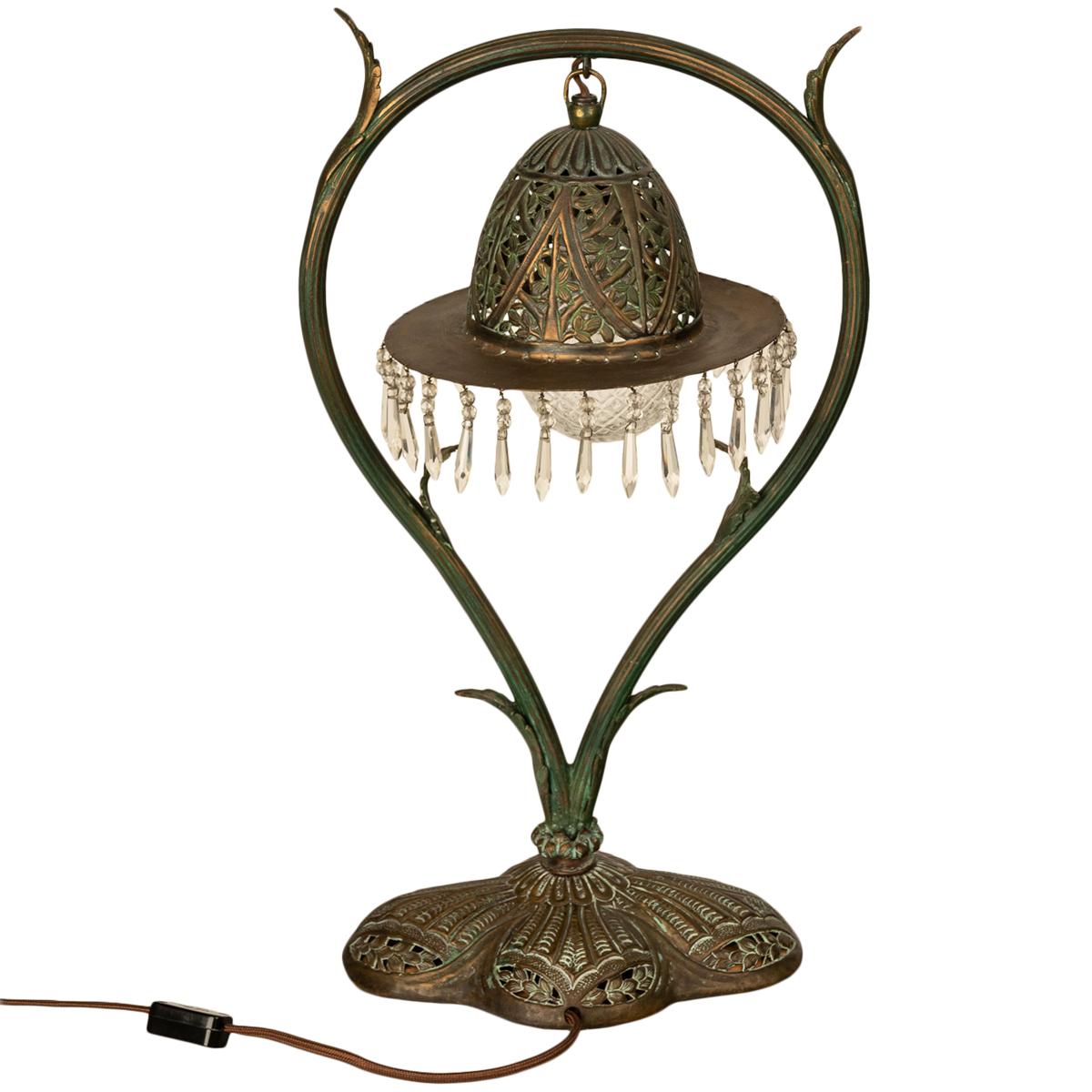 Antique Austrian Art Nouveau Organic Style Bronze & Glass Prisms Table Lamp 1900 2
