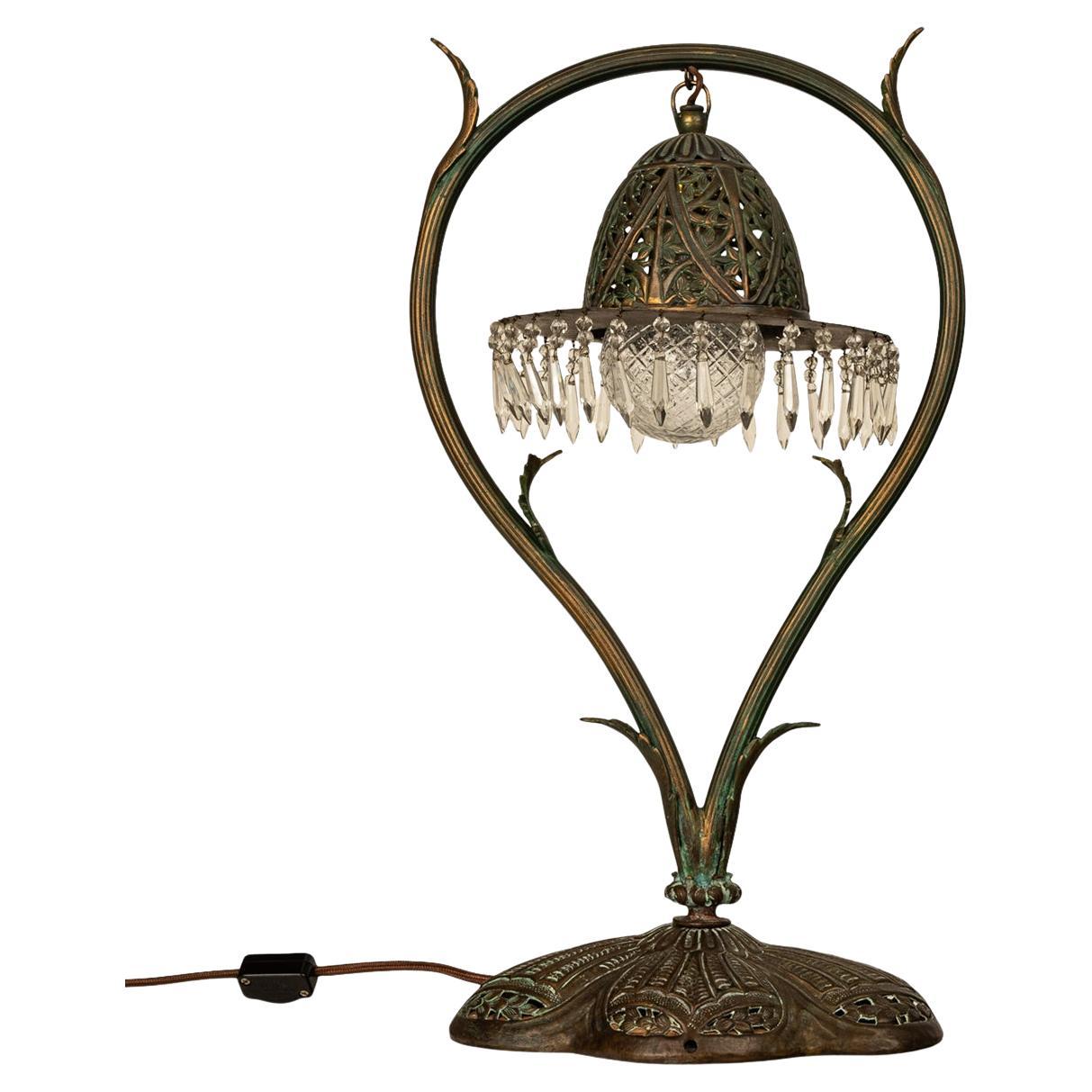Antique Austrian Art Nouveau Organic Style Bronze & Glass Prisms Table Lamp 1900