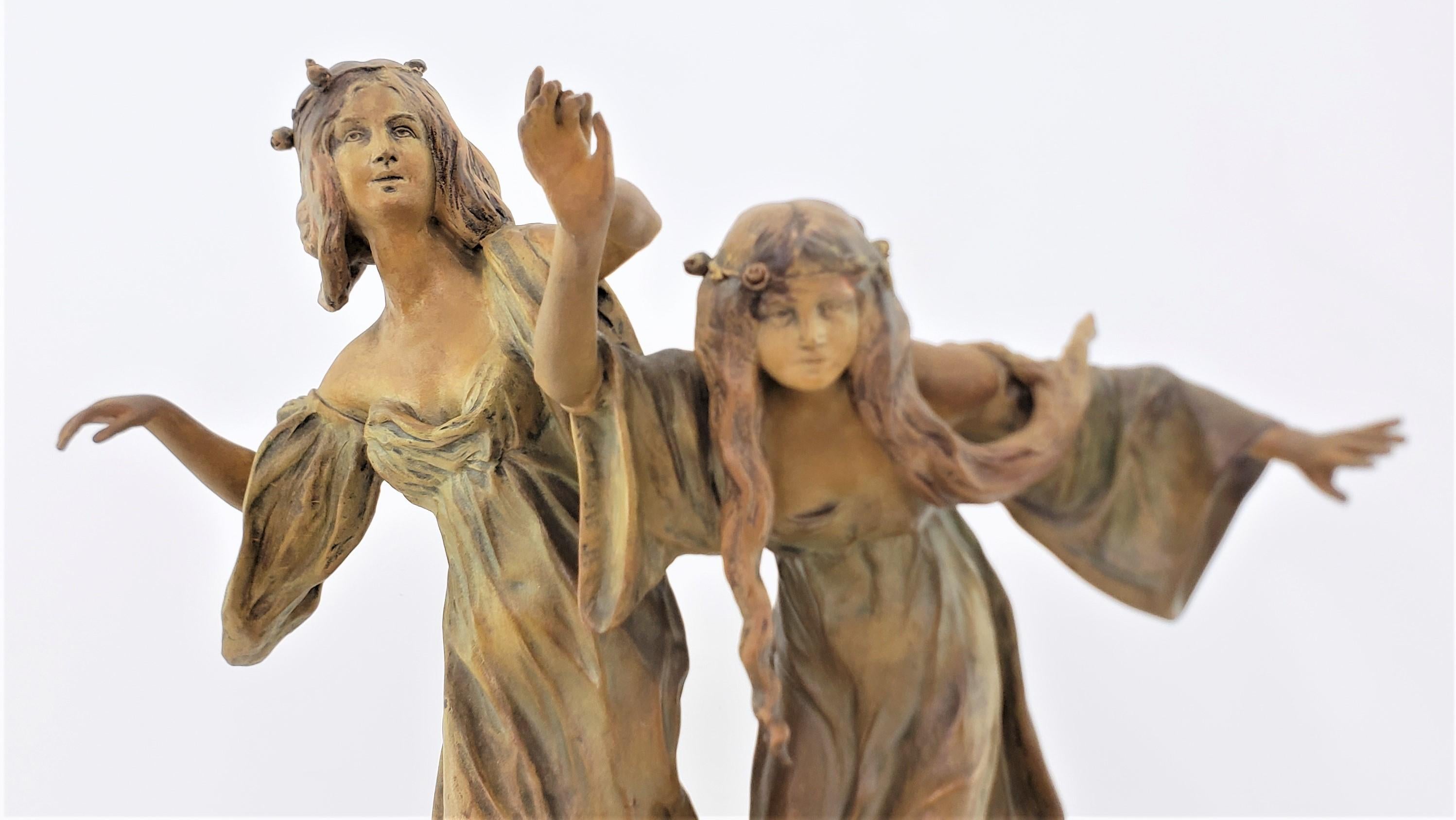Antique Austrian Art Nouveau Patinated Terracotta Sculpture of Two Dancing Women For Sale 3