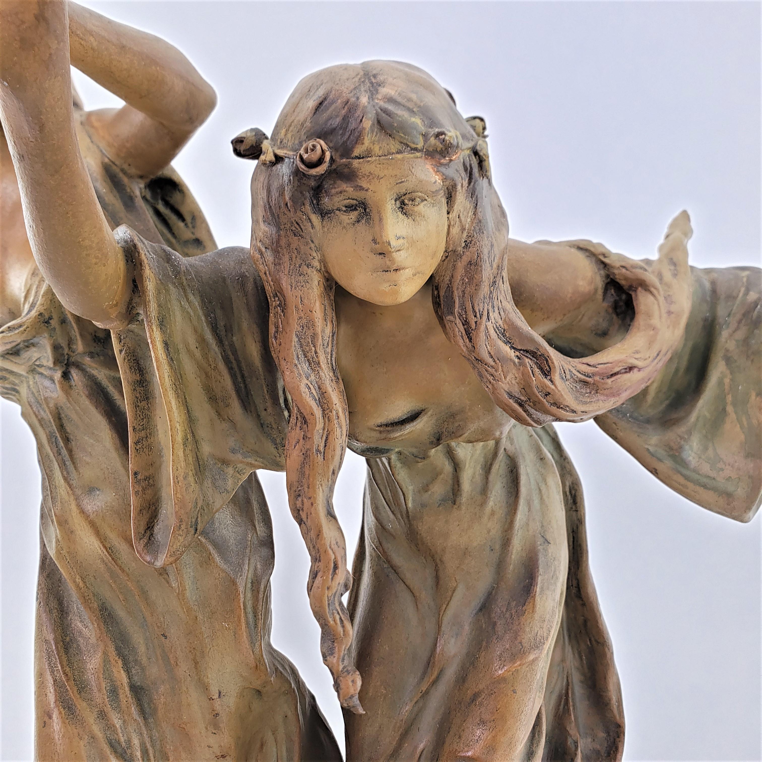Antique Austrian Art Nouveau Patinated Terracotta Sculpture of Two Dancing Women For Sale 6