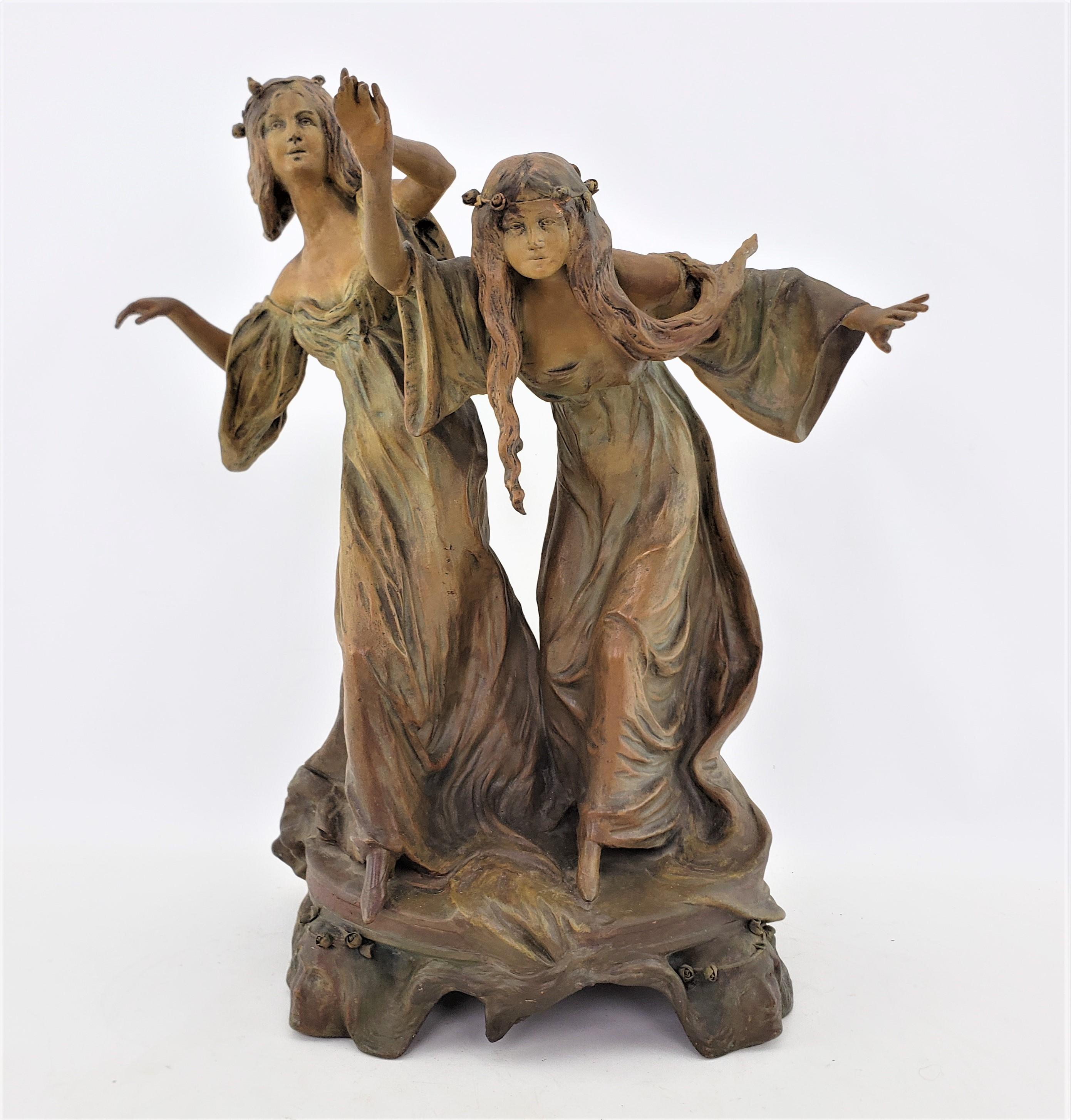 Hand-Crafted Antique Austrian Art Nouveau Patinated Terracotta Sculpture of Two Dancing Women For Sale