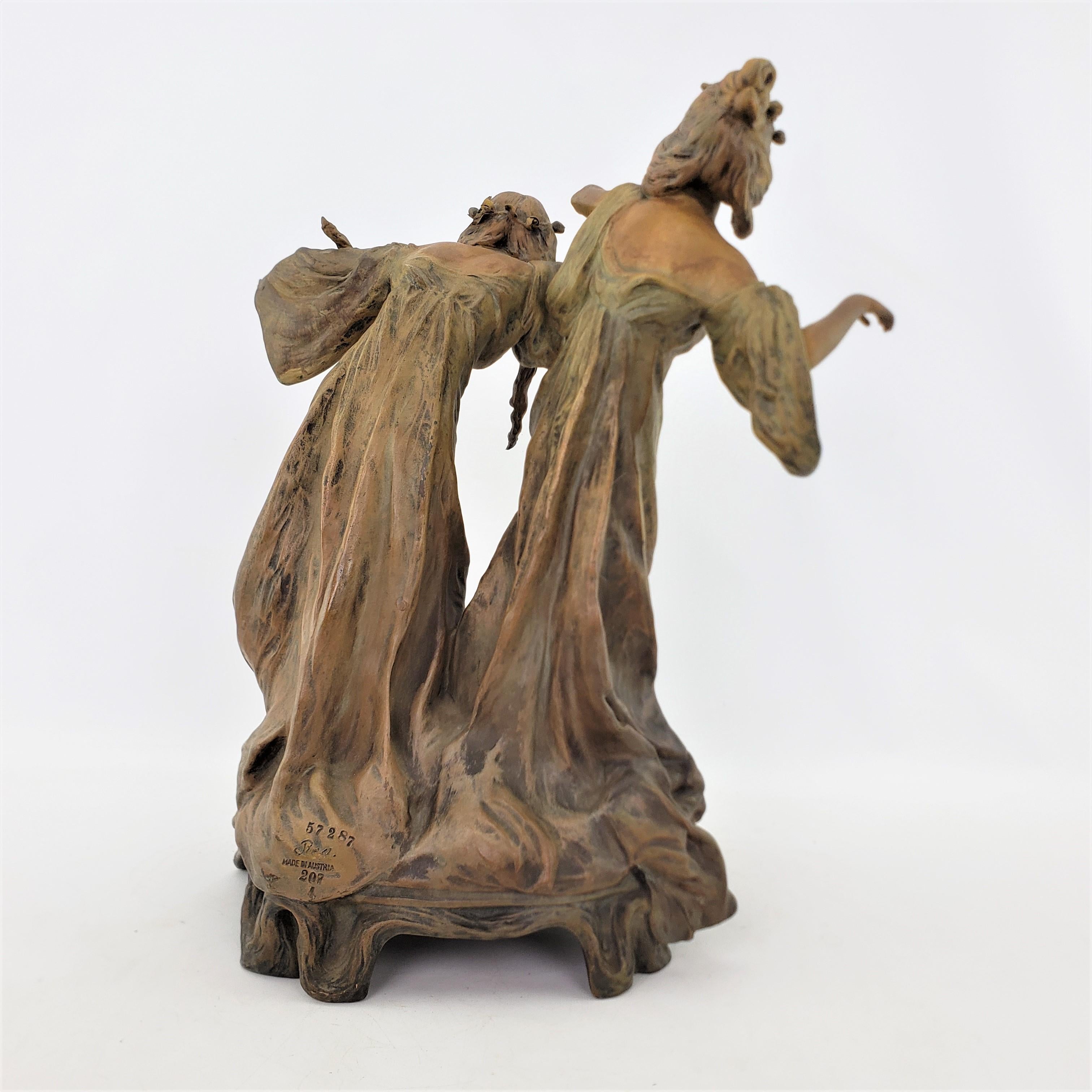 Hand-Crafted Antique Austrian Art Nouveau Patinated Terracotta Sculpture of Two Dancing Women For Sale