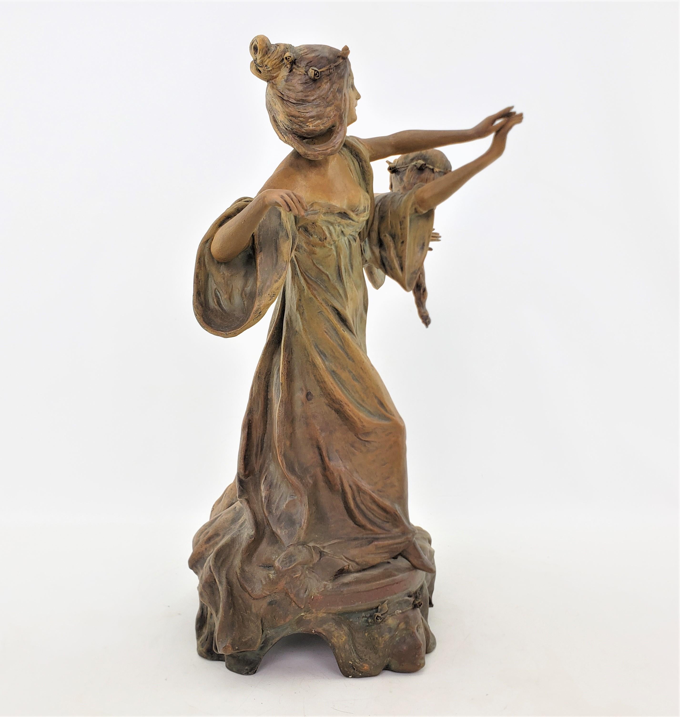 Antique Austrian Art Nouveau Patinated Terracotta Sculpture of Two Dancing Women For Sale 1