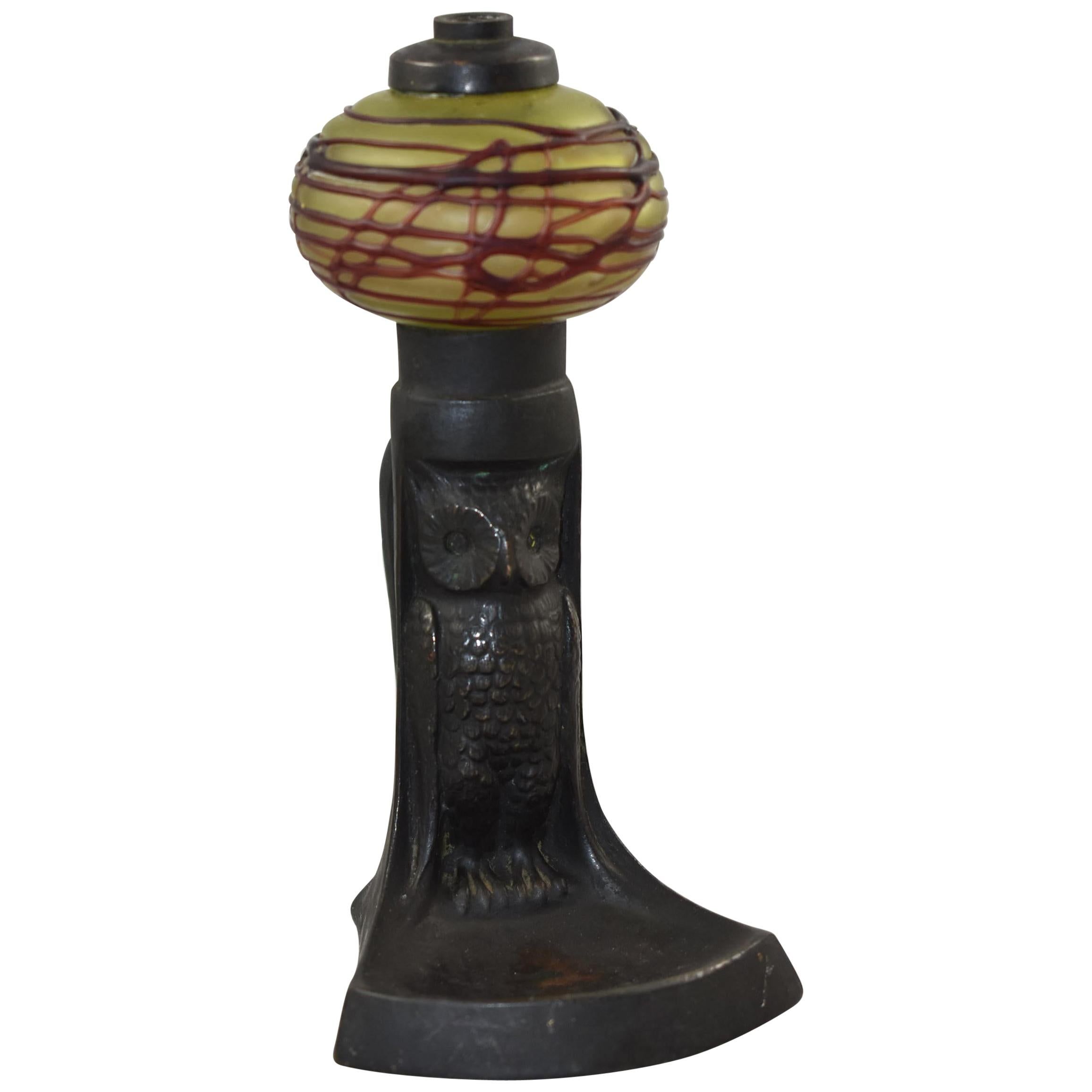 Antique Austrian Arts and Crafts Art Glass and Bronze Owl Oil Lamp