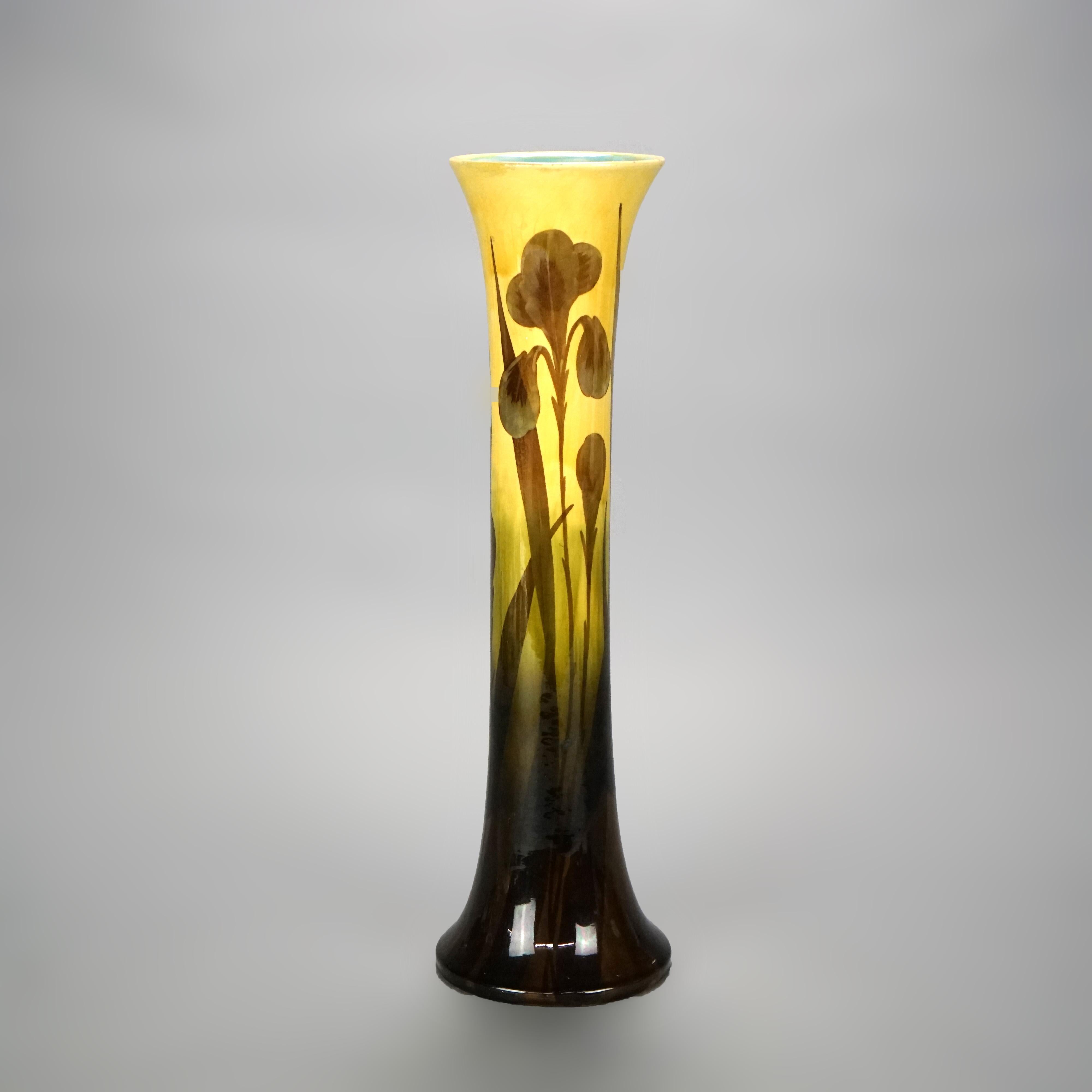 Antique Austrian Arts and Crafts Hand Painted Iris Pottery Vase, Circa