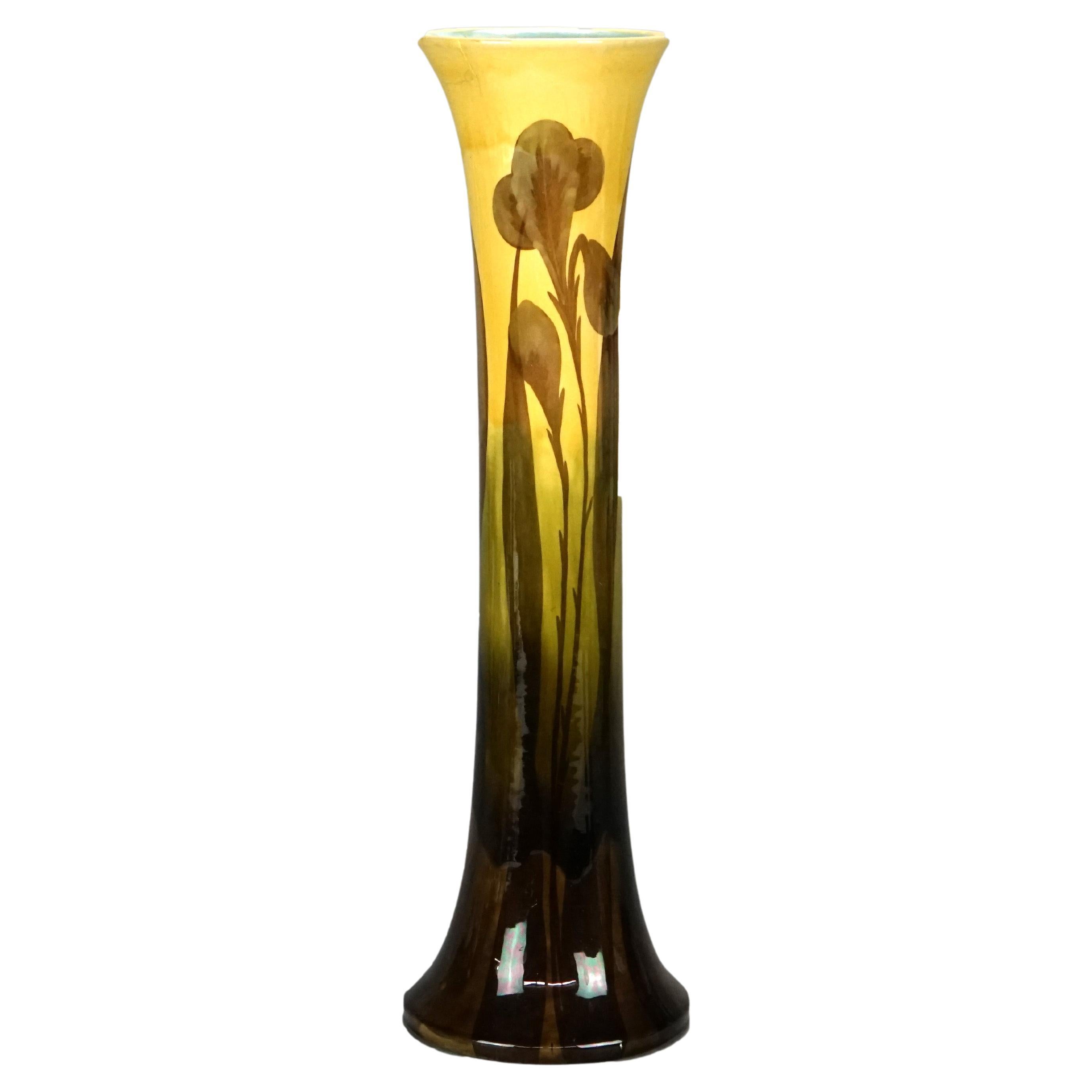 Antique Austrian Arts and Crafts Hand Painted Iris Pottery Vase, Circa