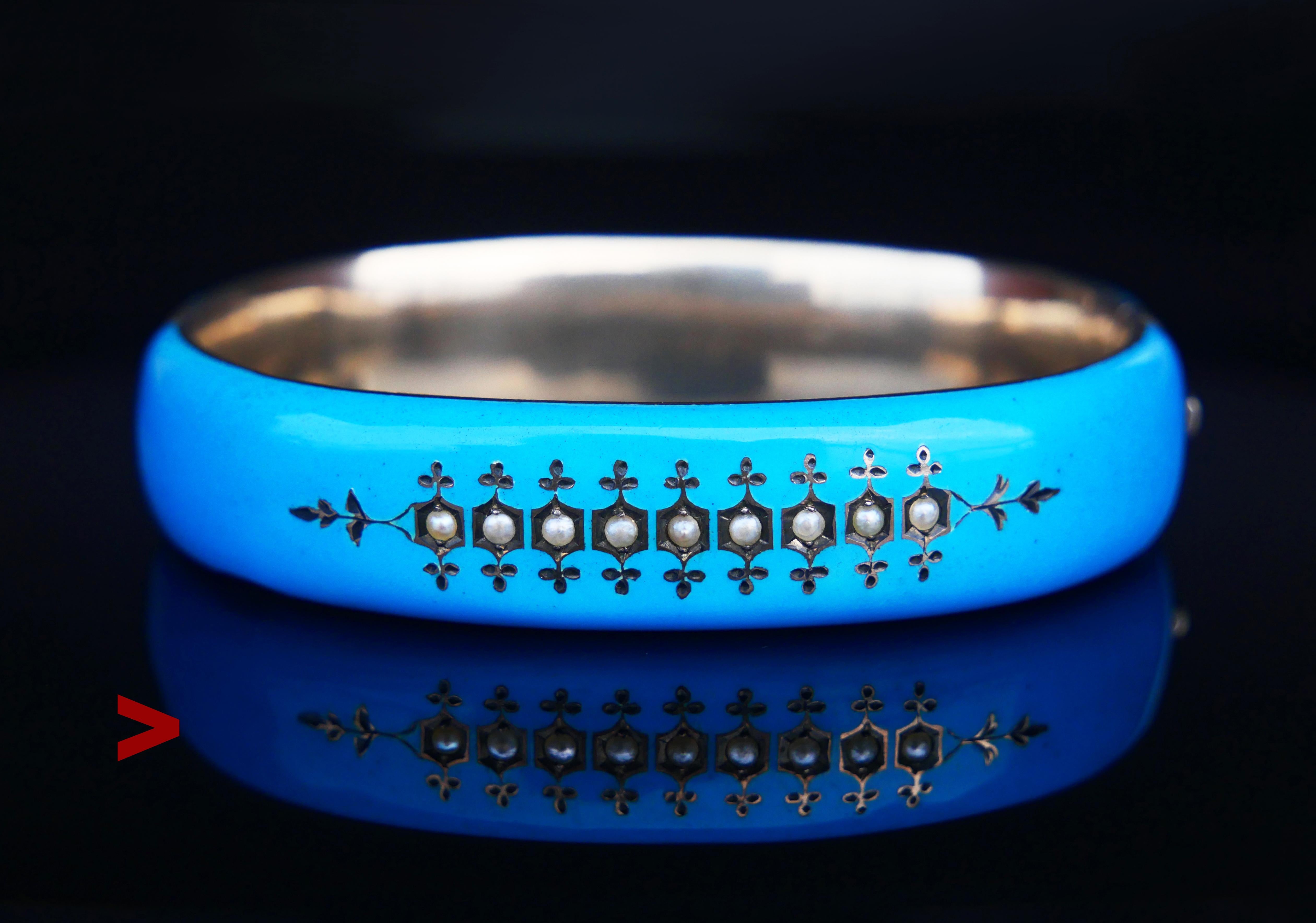 Antique Austrian Silver Seed Pearls & Blue Enamel Bracelet made in Wien - the capital  of Austrian - Hungarian Empire in late 19th - early 20 cent. Hallmarked with period Austrian hallmarks  confirming fine Silver alloy. Engraved decorations , well