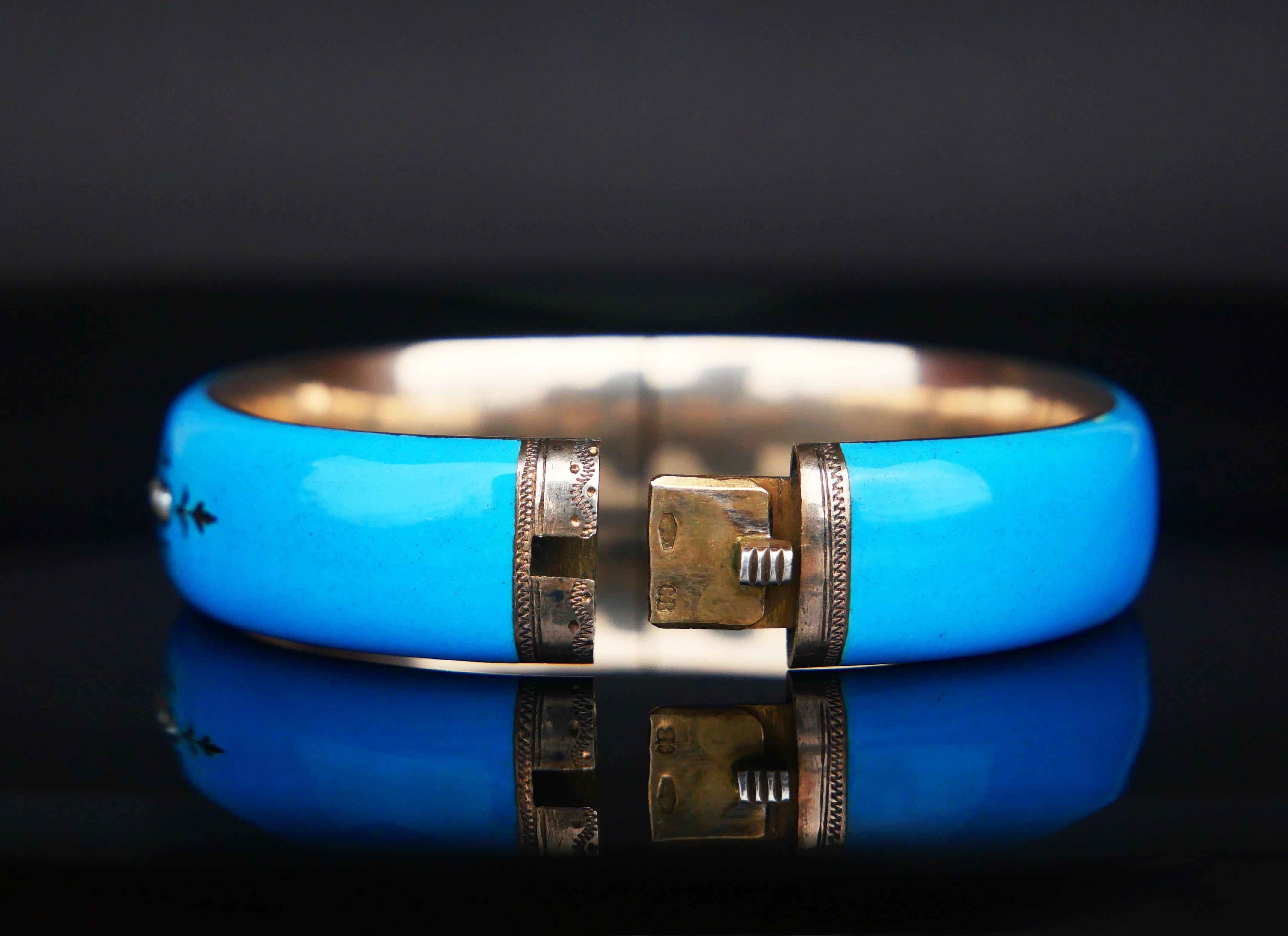 Art Nouveau Antique Austrian Bangle Bracelet Seed Pearls Blue Enamel solid Silver / 32.8gr For Sale