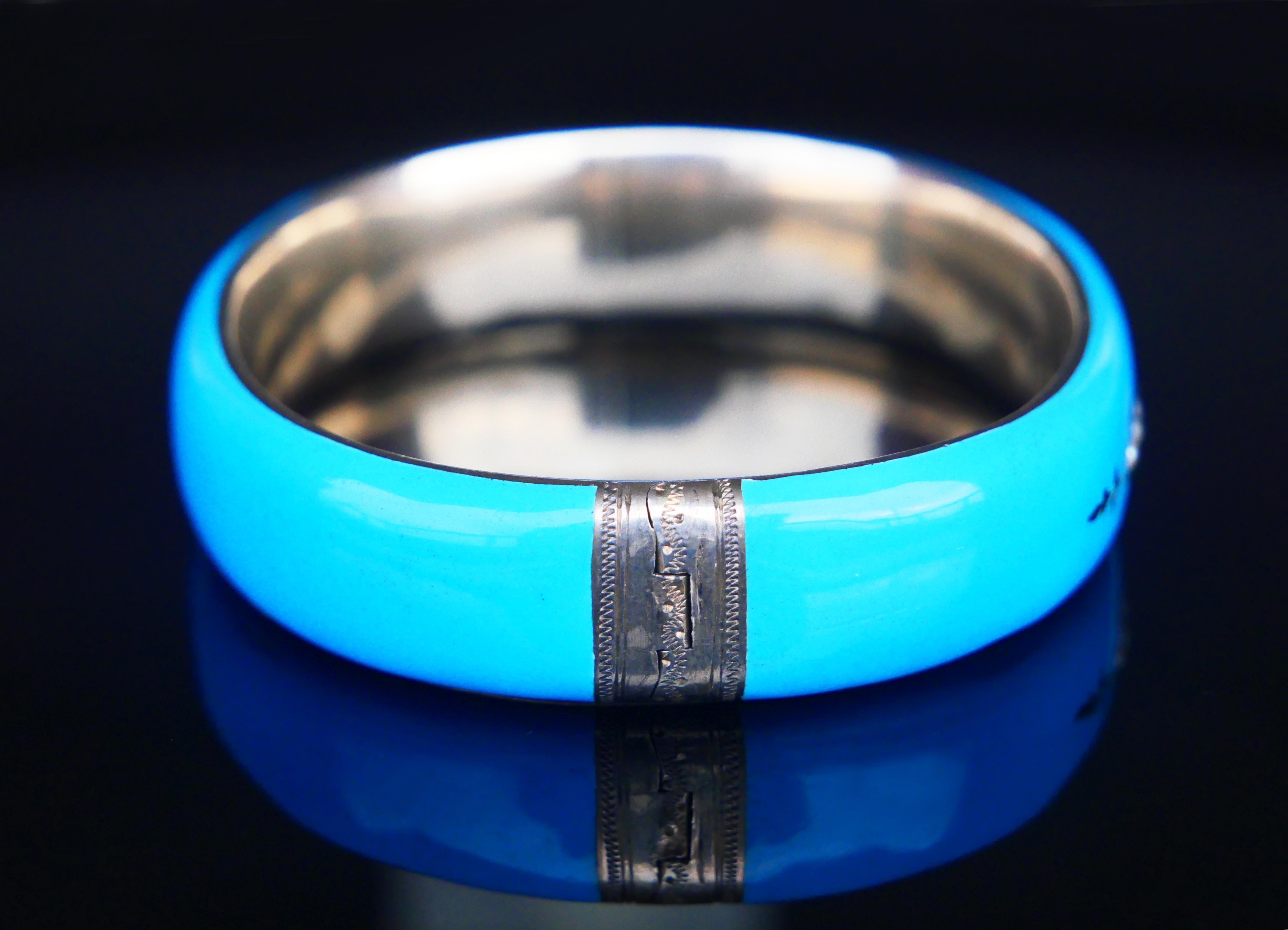 Ball Cut Antique Austrian Bangle Bracelet Seed Pearls Blue Enamel solid Silver / 32.8gr For Sale
