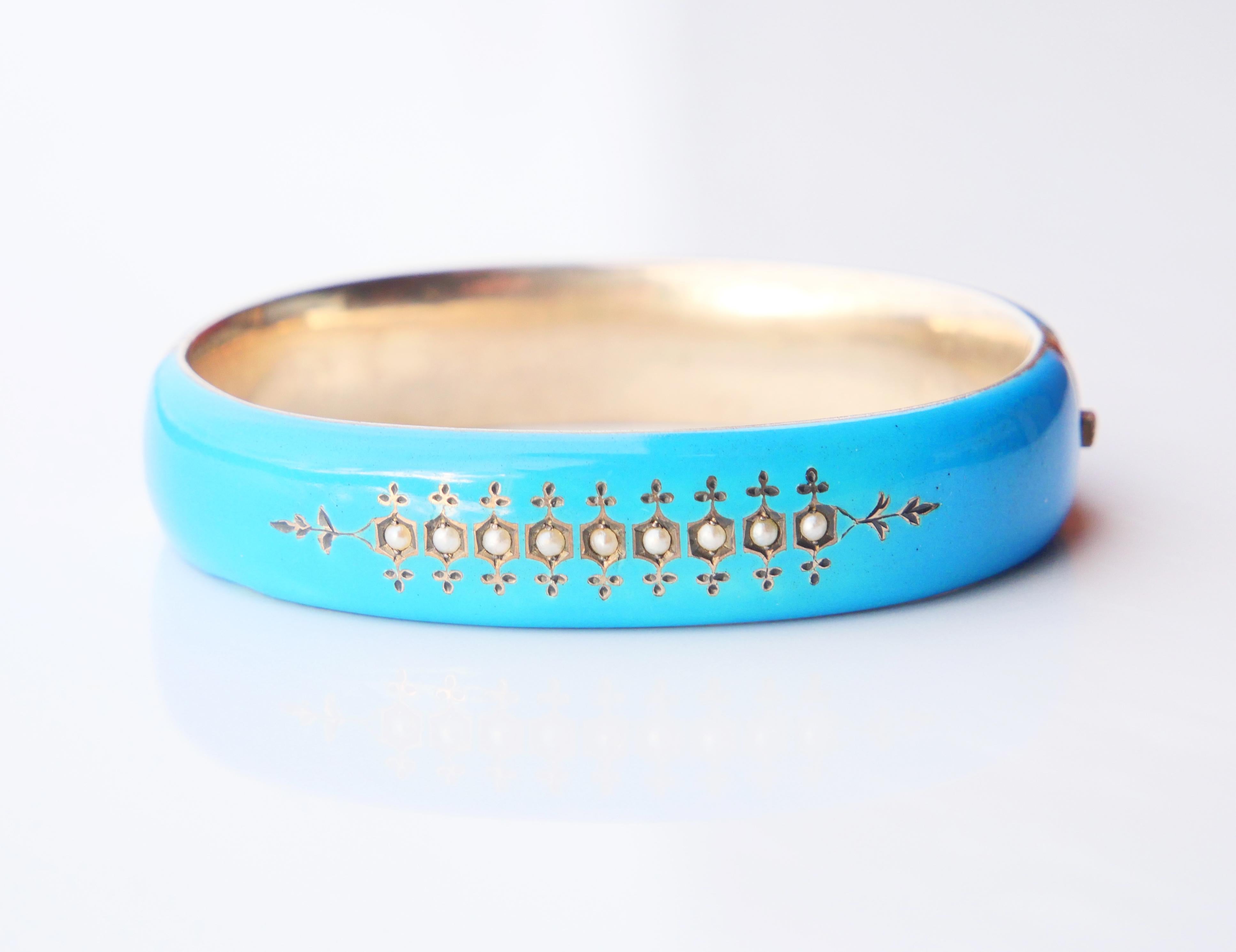 Antique Austrian Bangle Bracelet Seed Pearls Blue Enamel solid Silver / 32.8gr For Sale 3