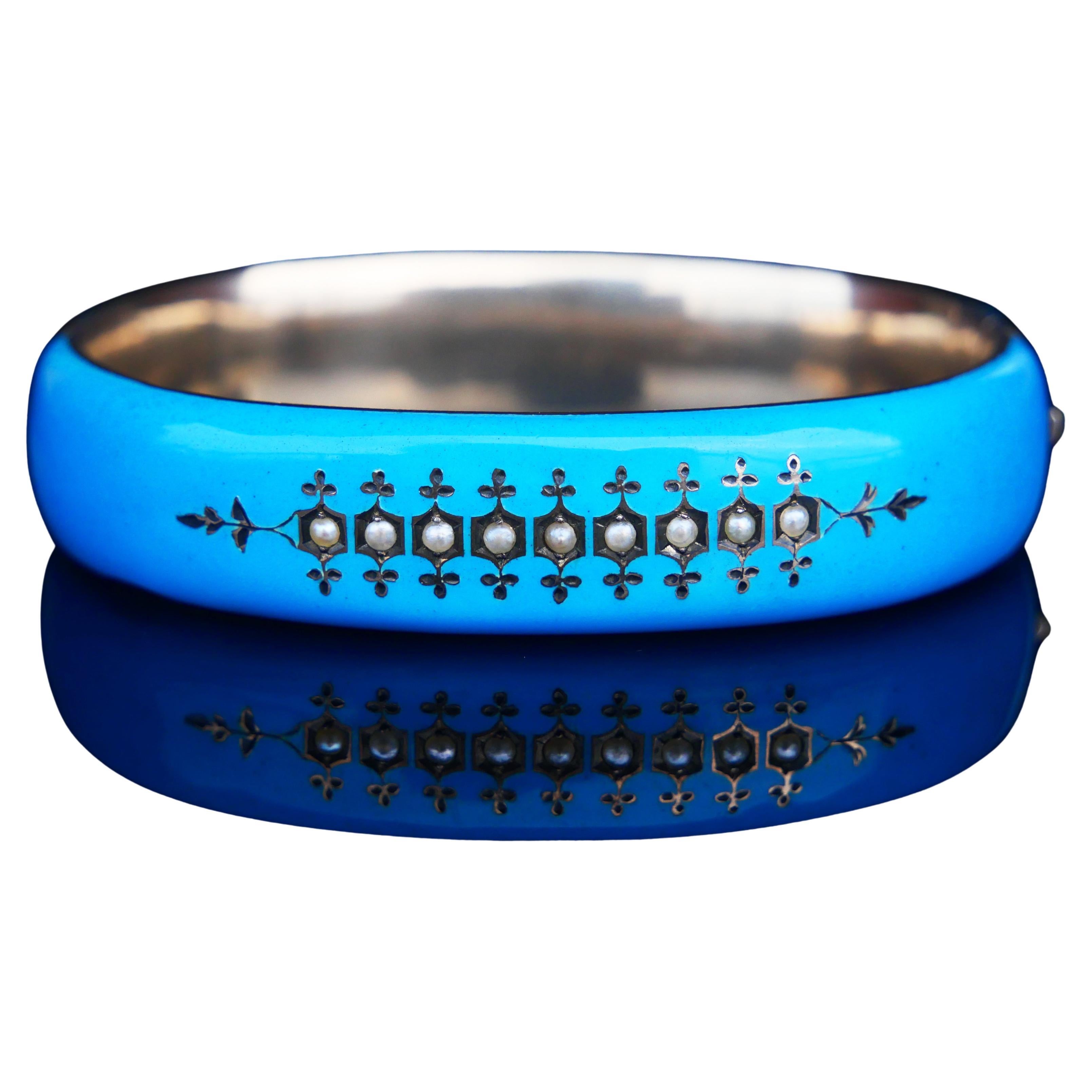 Antique Austrian Bangle Bracelet Seed Pearls Blue Enamel solid Silver / 32.8gr