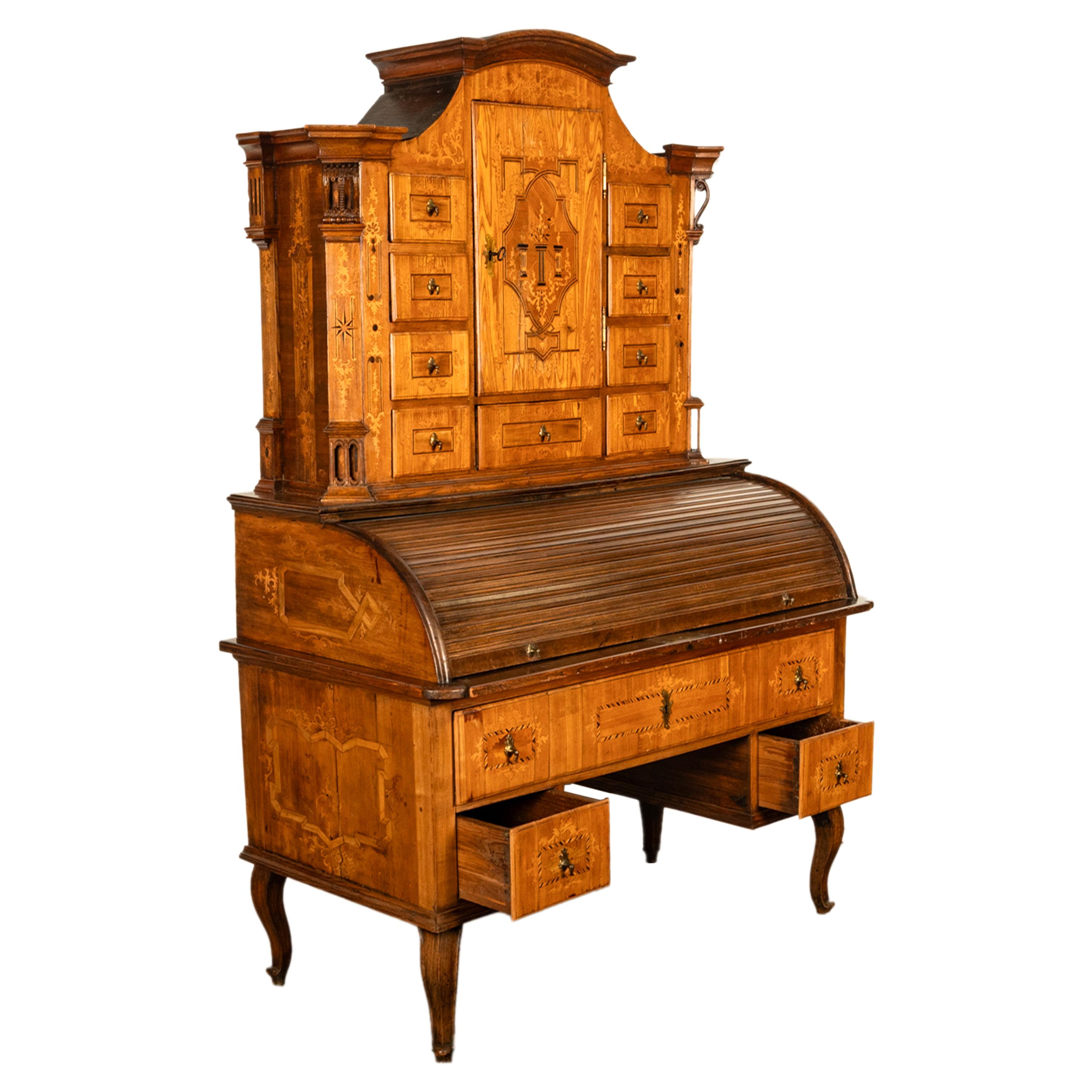 Antiker österreichischer Barockschrank/Schreibtisch aus Täbris mit Intarsien und Rollplatte aus Biedermeier im Angebot 4