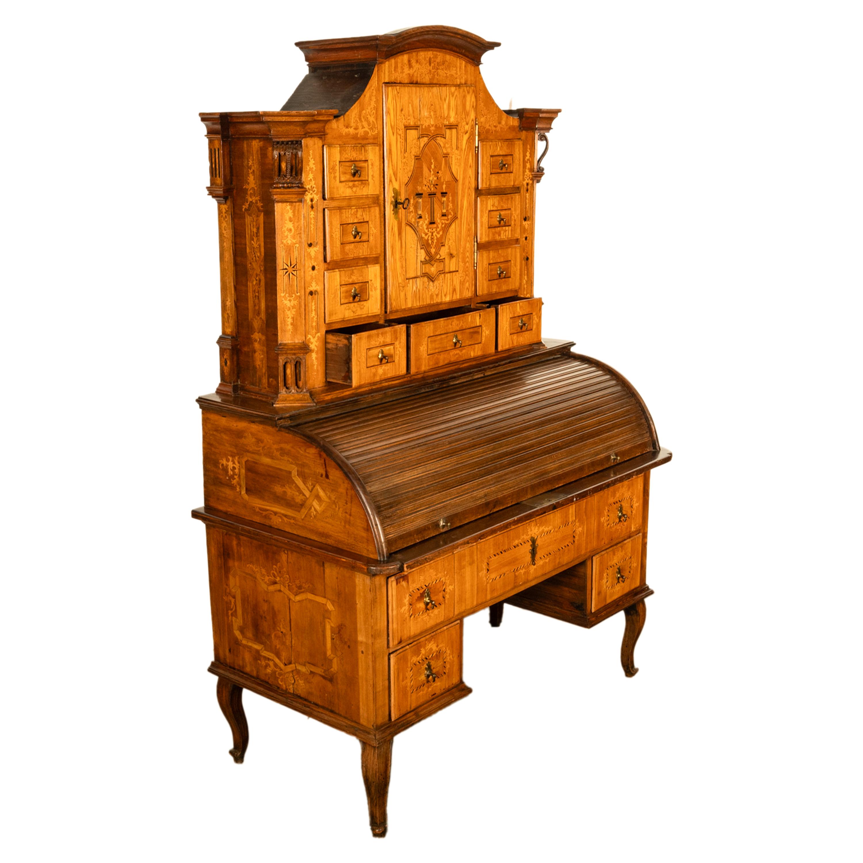 Antiker österreichischer Barockschrank/Schreibtisch aus Täbris mit Intarsien und Rollplatte aus Biedermeier im Angebot 5