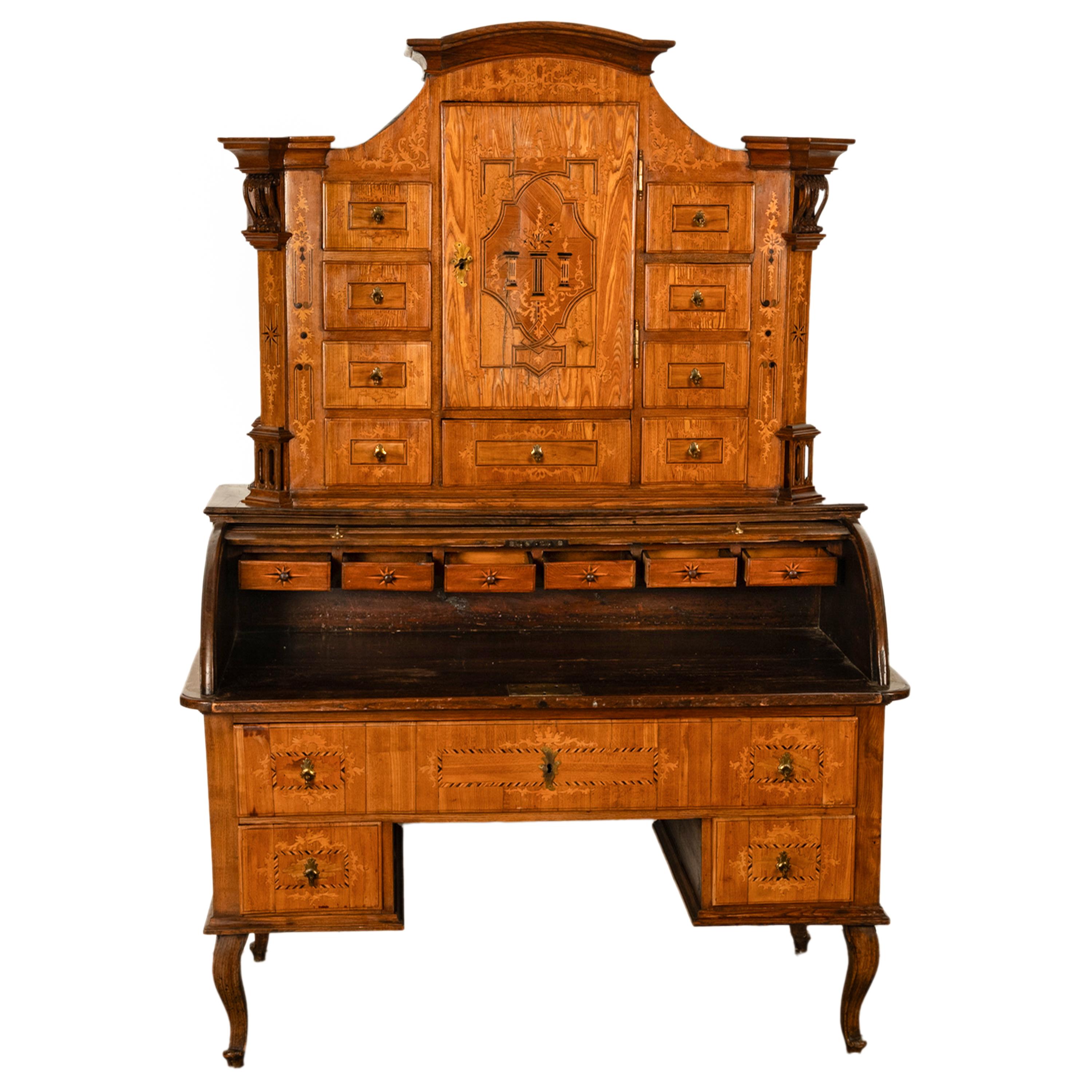 Antiker österreichischer Barockschrank/Schreibtisch aus Täbris mit Intarsien und Rollplatte aus Biedermeier im Angebot 6