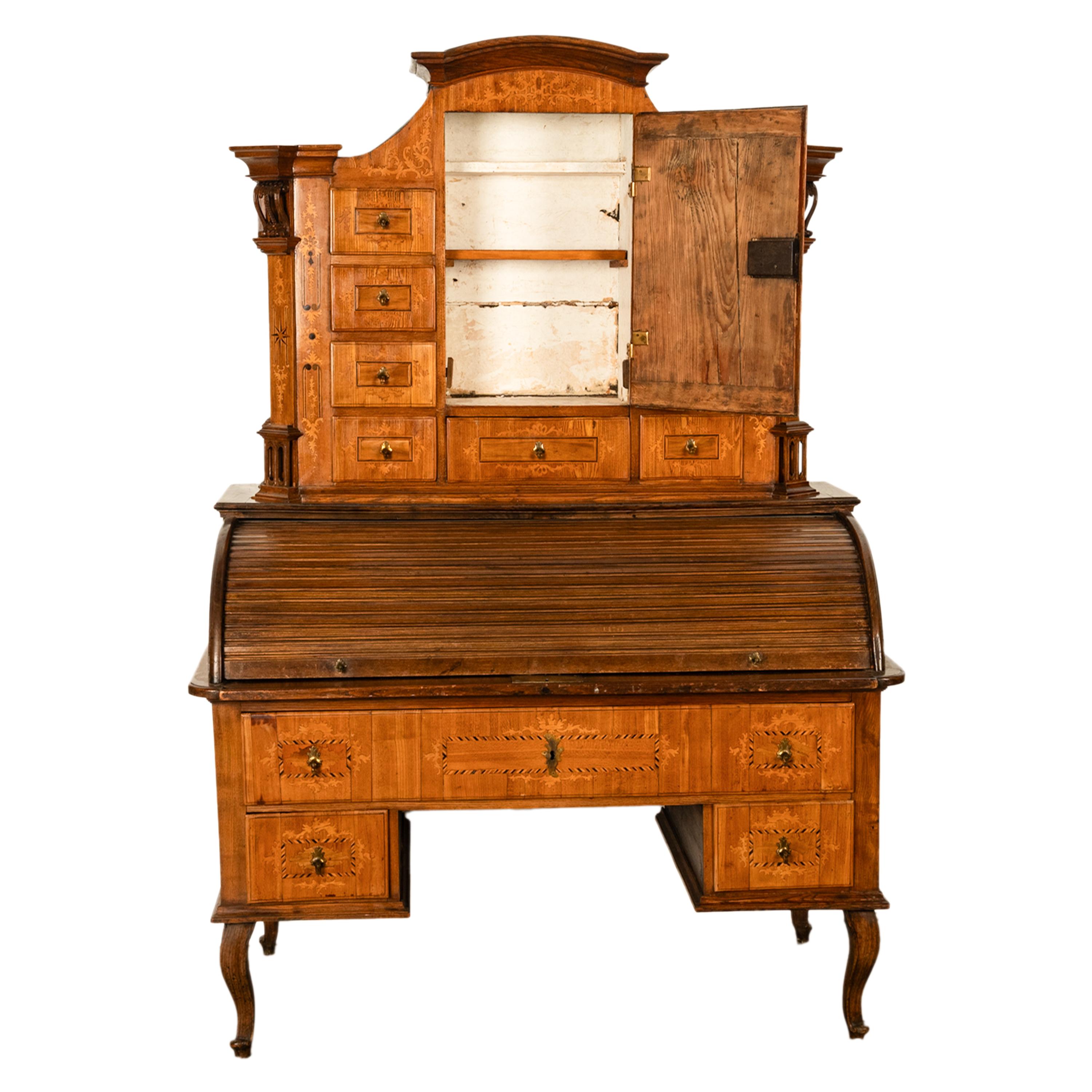 Antiker österreichischer Barockschrank/Schreibtisch aus Täbris mit Intarsien und Rollplatte aus Biedermeier im Angebot 7