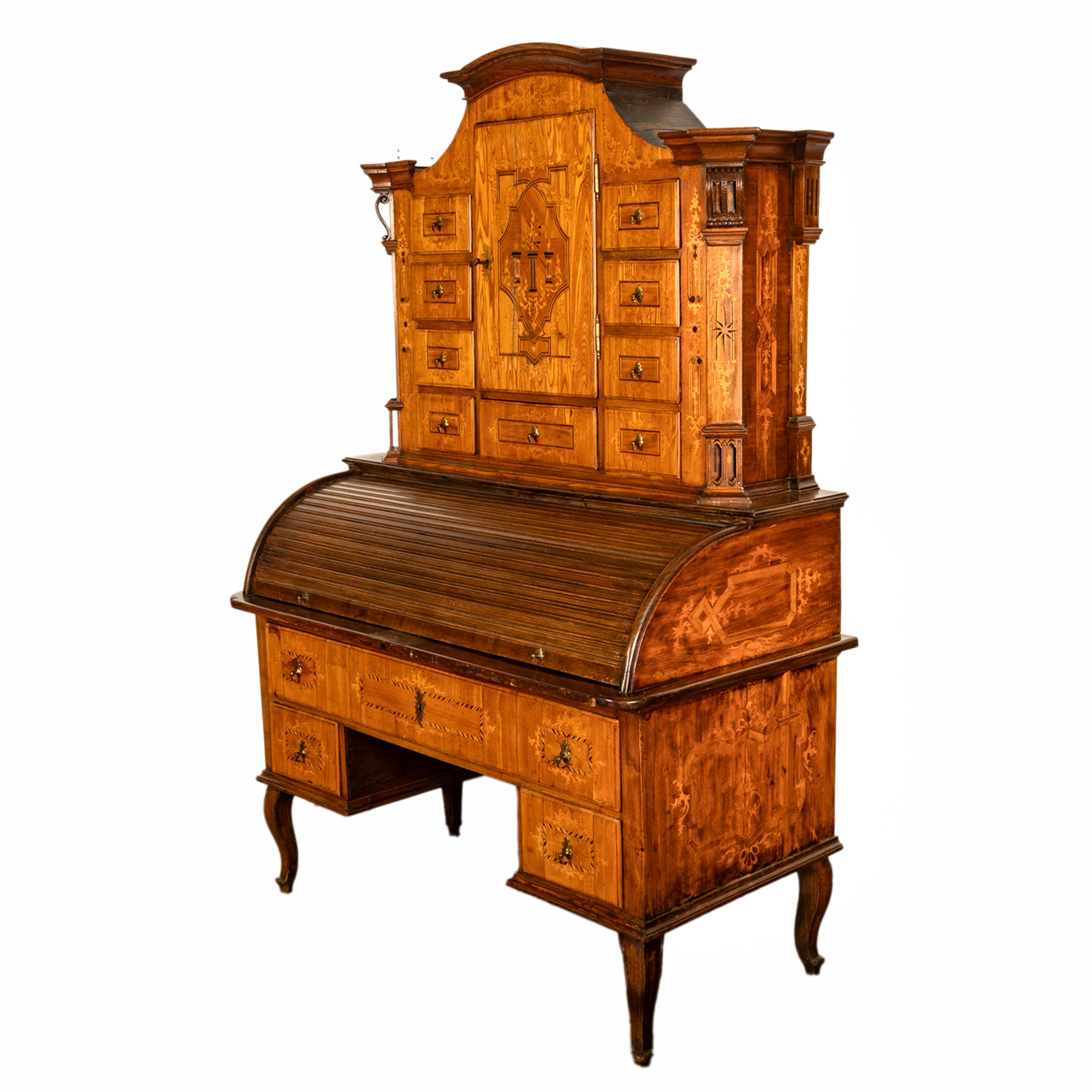 Antiker österreichischer Barockschrank/Schreibtisch aus Täbris mit Intarsien und Rollplatte aus Biedermeier (Österreichisch) im Angebot