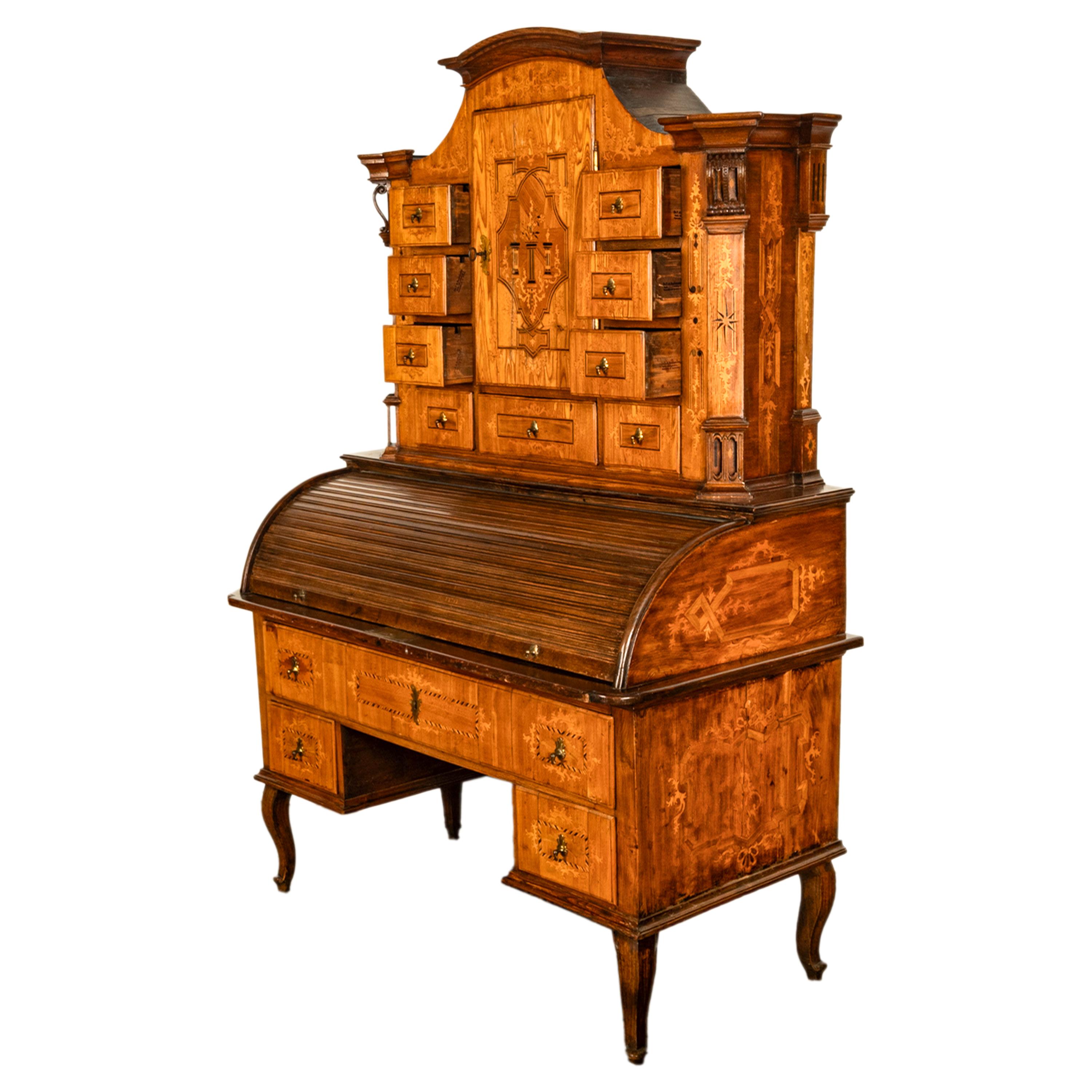 Antiker österreichischer Barockschrank/Schreibtisch aus Täbris mit Intarsien und Rollplatte aus Biedermeier im Zustand „Gut“ im Angebot in Portland, OR