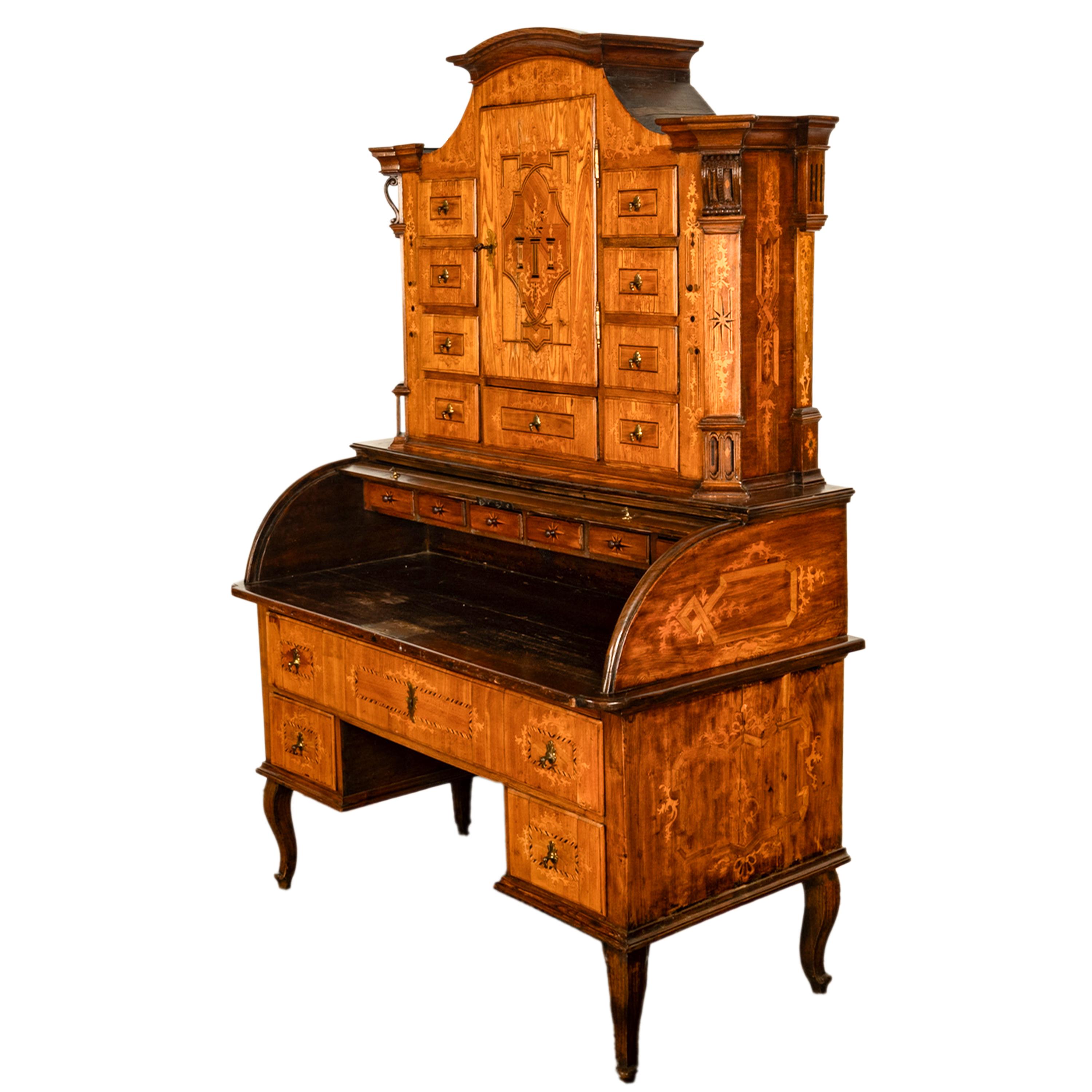 Antiker österreichischer Barockschrank/Schreibtisch aus Täbris mit Intarsien und Rollplatte aus Biedermeier (Ulmenholz) im Angebot