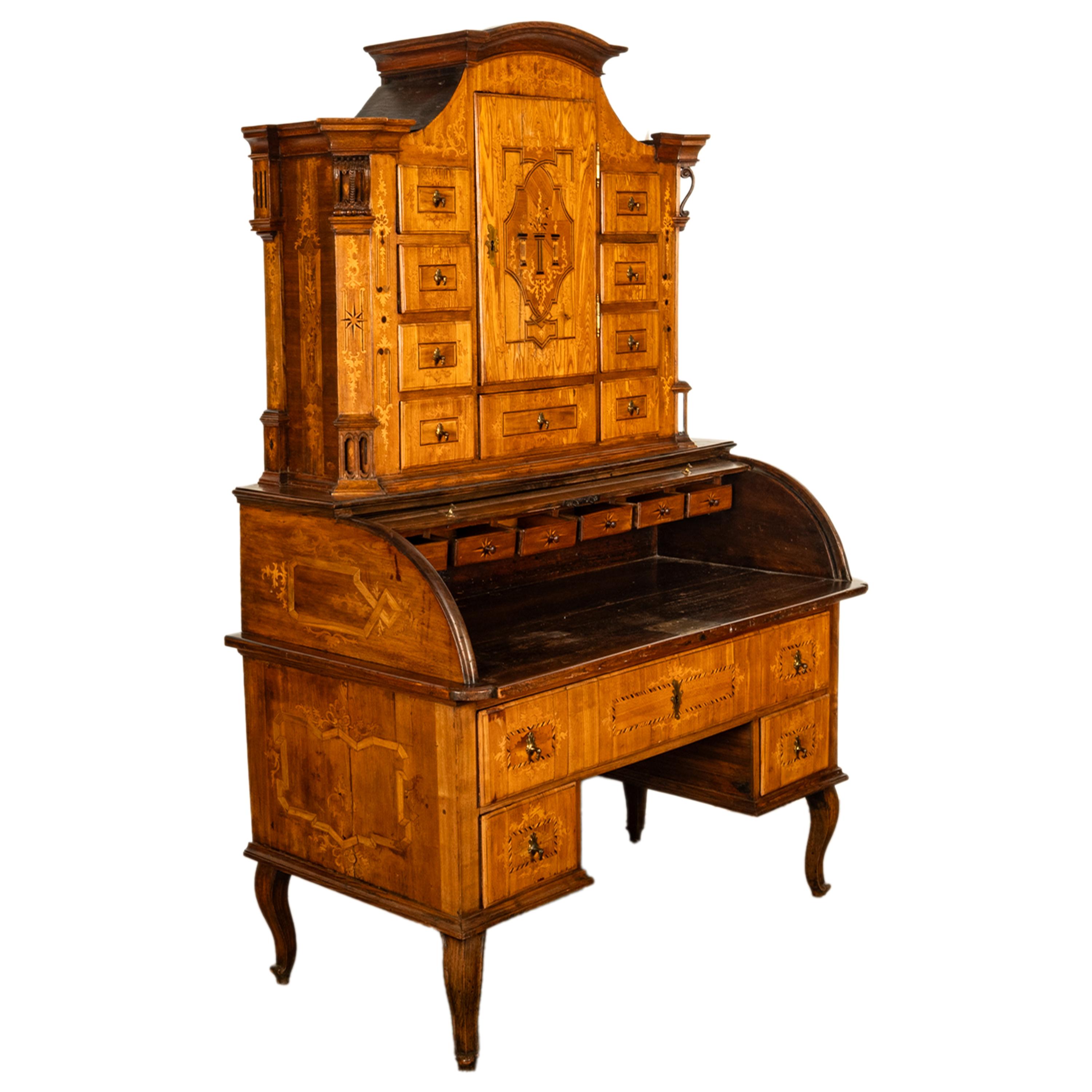 Antiker österreichischer Barockschrank/Schreibtisch aus Täbris mit Intarsien und Rollplatte aus Biedermeier im Angebot 2