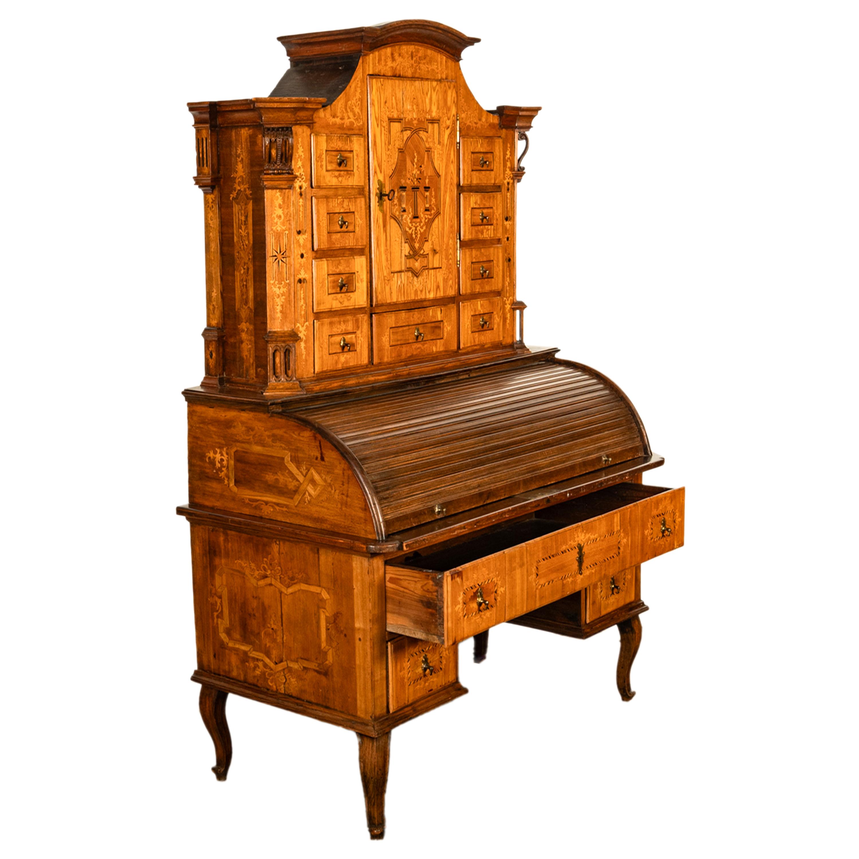Antiker österreichischer Barockschrank/Schreibtisch aus Täbris mit Intarsien und Rollplatte aus Biedermeier im Angebot 3