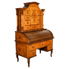 Antiguo Escritorio Barroco Austriaco Biedermeier Marquetería Tabernáculo Roll Top