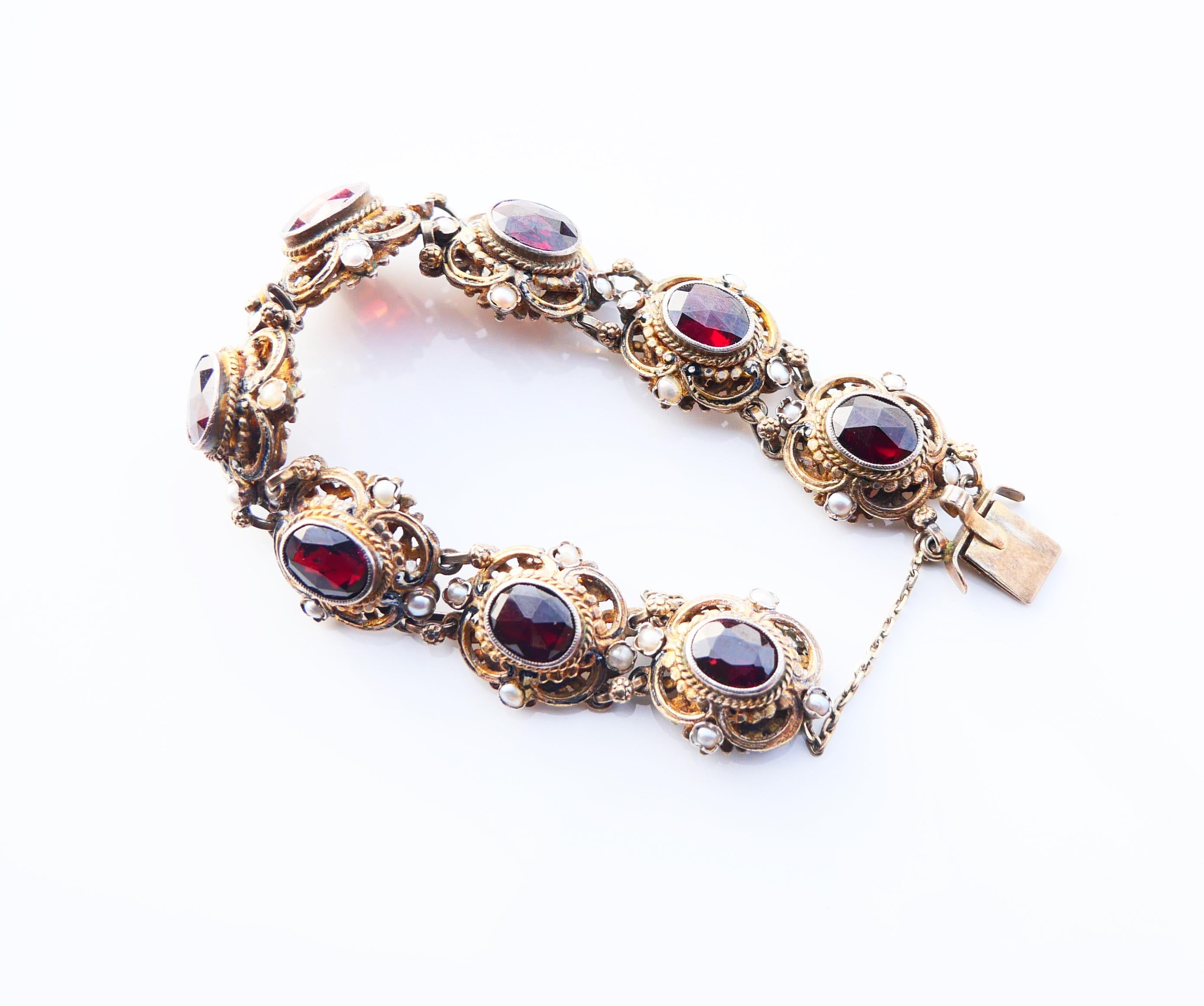 Renaissance Revival Antique Austrian Bohemian Bracelet Garnets Seed Pearls Enamel / 18cm / 34gr For Sale
