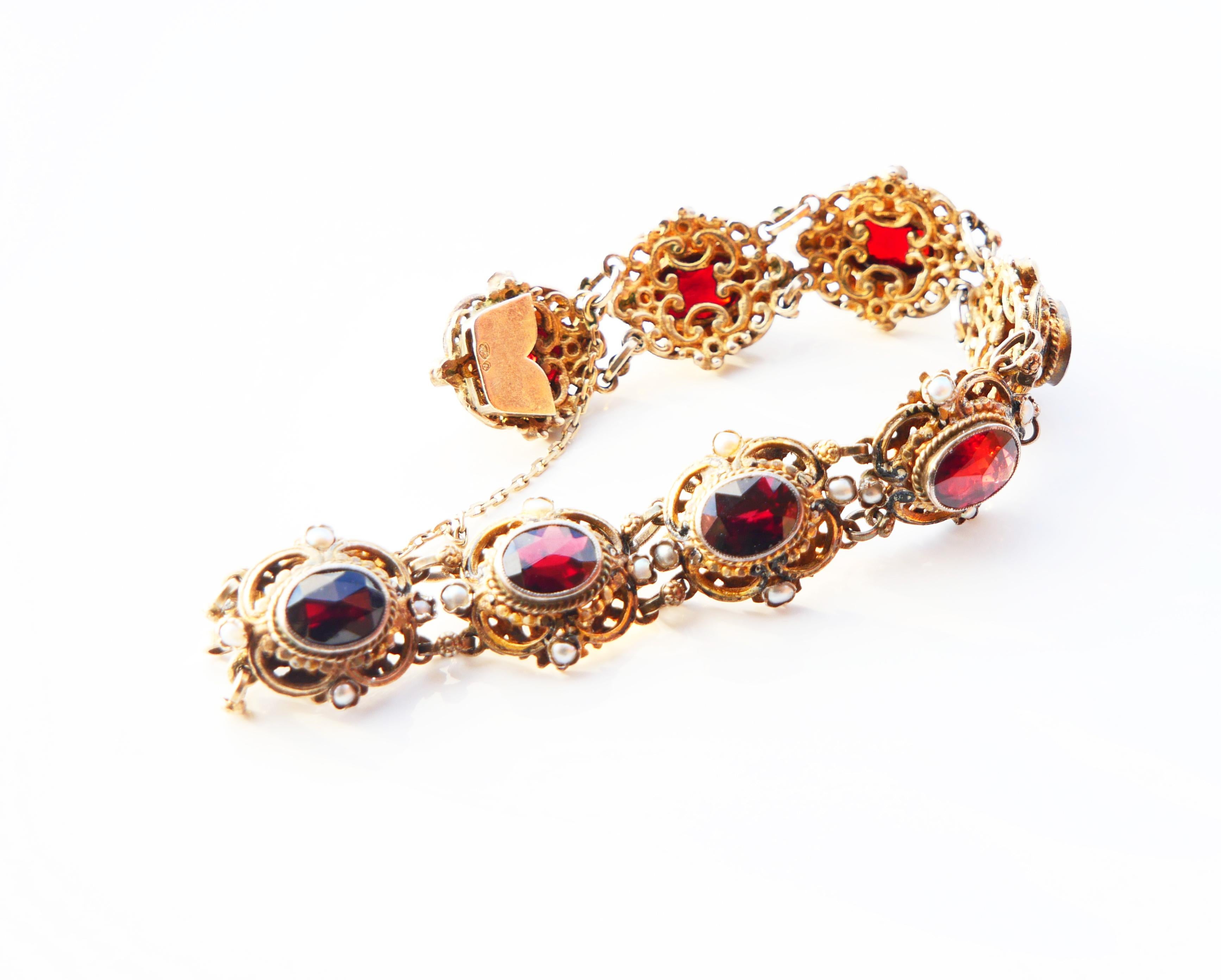 Oval Cut Antique Austrian Bohemian Bracelet Garnets Seed Pearls Enamel / 18cm / 34gr For Sale