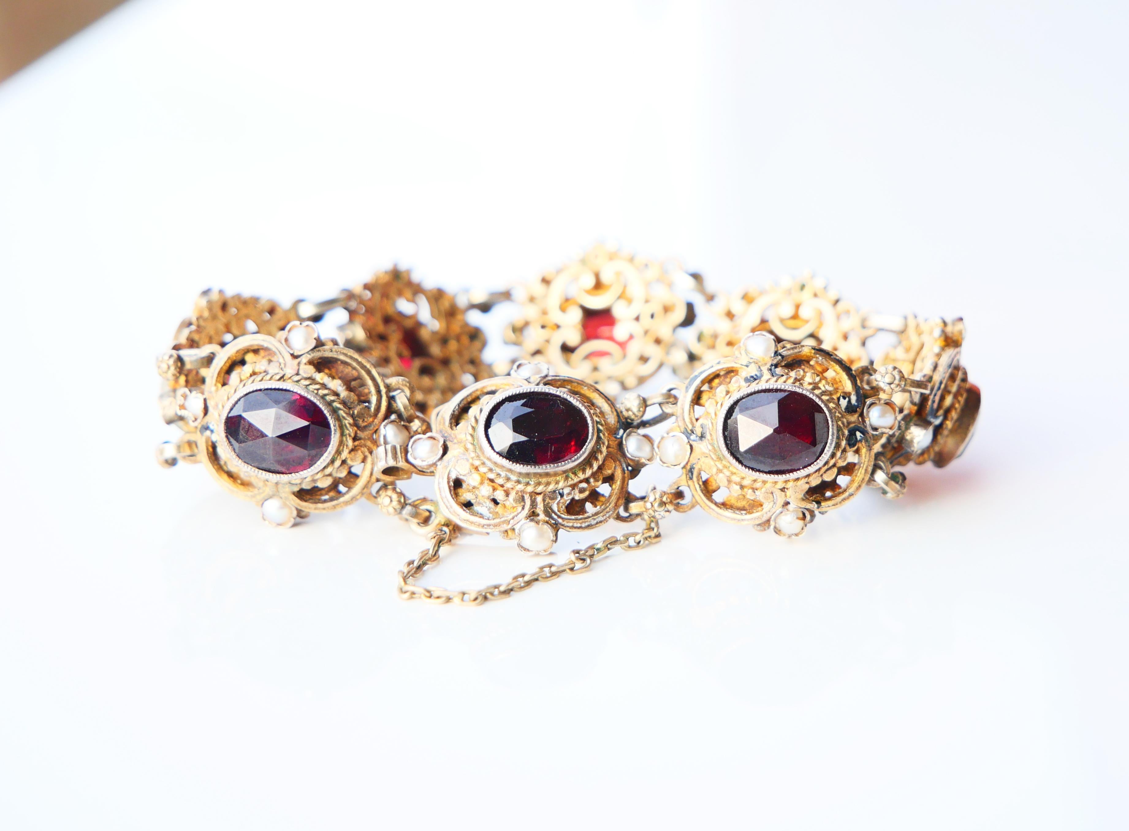 Women's Antique Austrian Bohemian Bracelet Garnets Seed Pearls Enamel / 18cm / 34gr For Sale