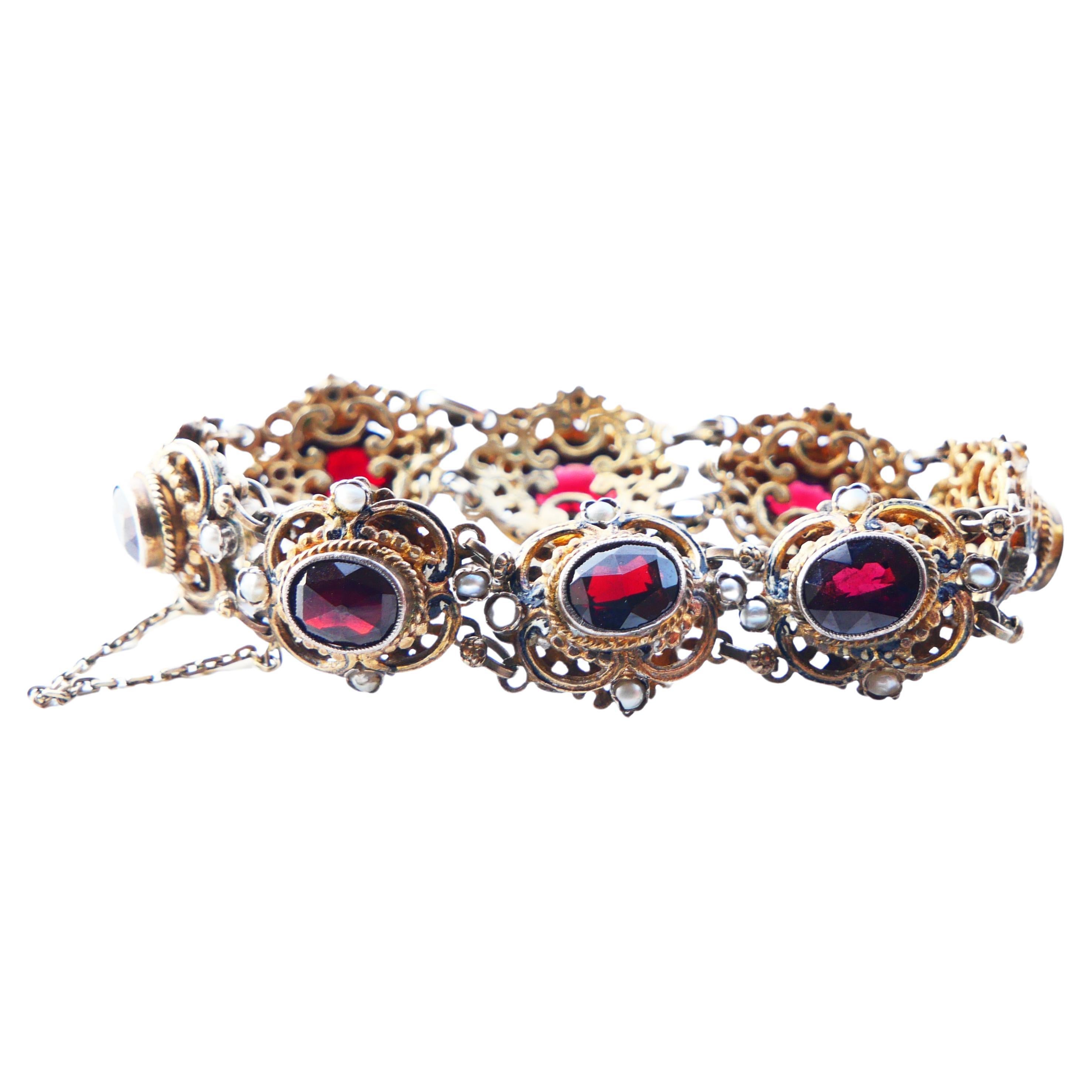 Antique Austrian Bohemian Bracelet Garnets Seed Pearls Enamel / 18cm / 34gr For Sale