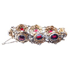 Bracelet Bohémien Autrichien Antique Grenats Perles de rocaille Email / 18cm / 34gr
