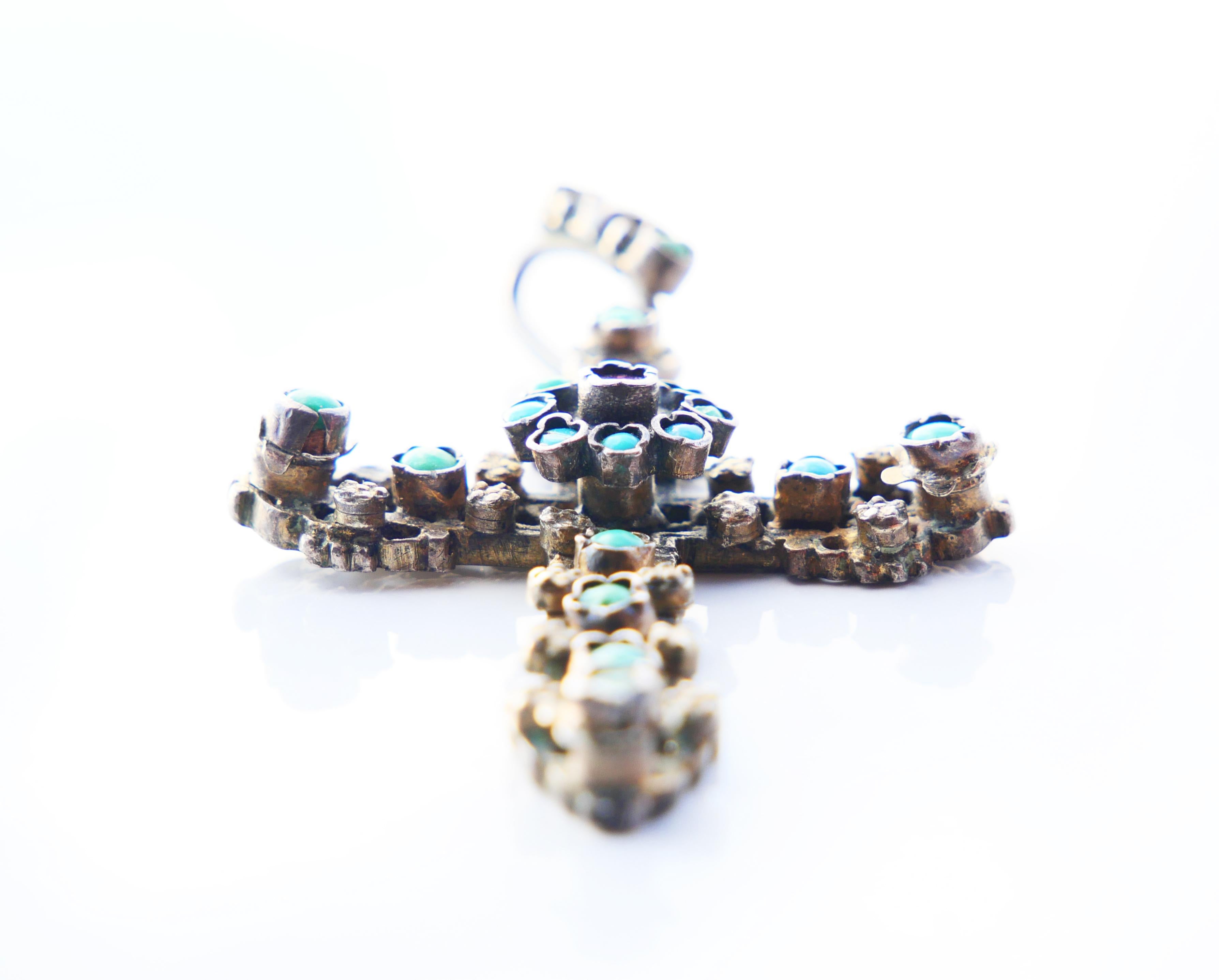 Antique pendentif croix de Bohème autrichienne en argent, turquoise, grenat, perle et émail 11 g en vente 5